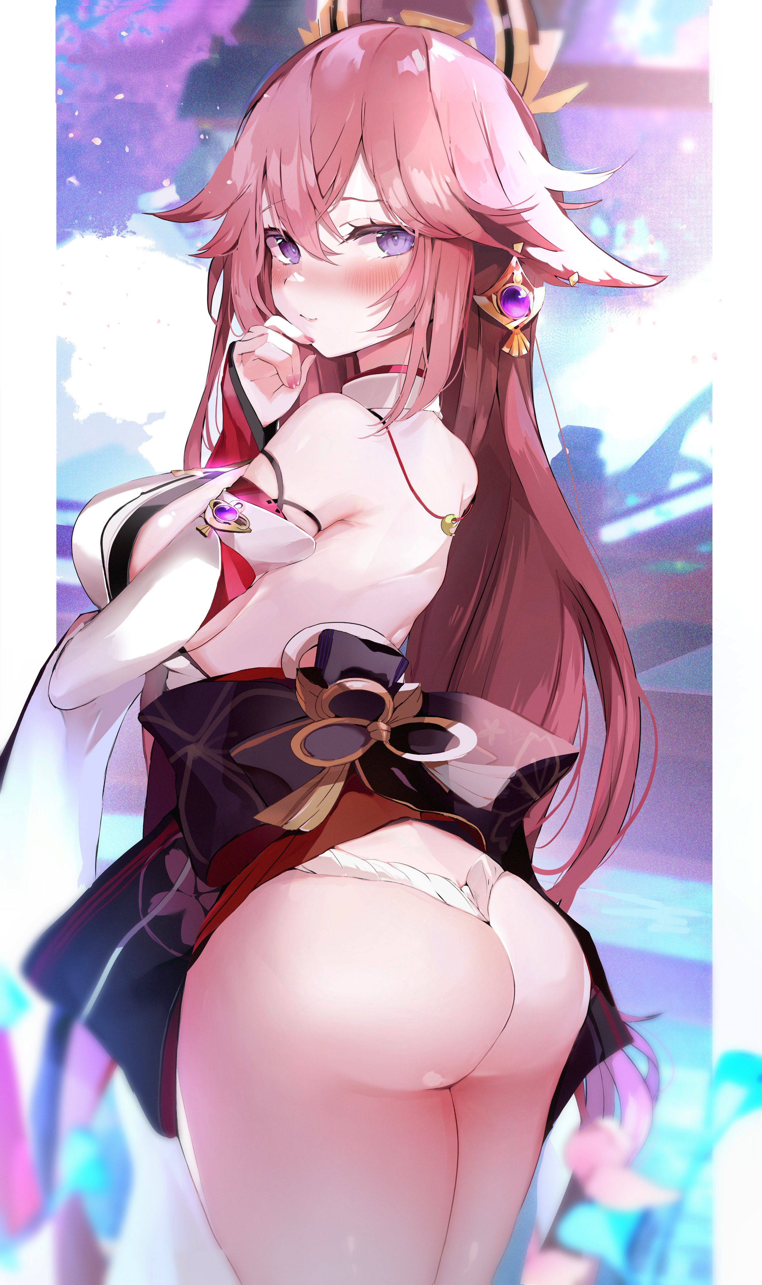1girls, 2022, ass, ass focus, ass shot, back, back view, big ass, blush, breasts, bubble ass, bubble butt, female, female only, genshin impact, hair ornament, highres, large ass, large breasts, long hair, looking at viewer, miko, panties, pink hair, purple eyes, shrine maiden, sideboob, sukiyaki i, white panties, yae miko