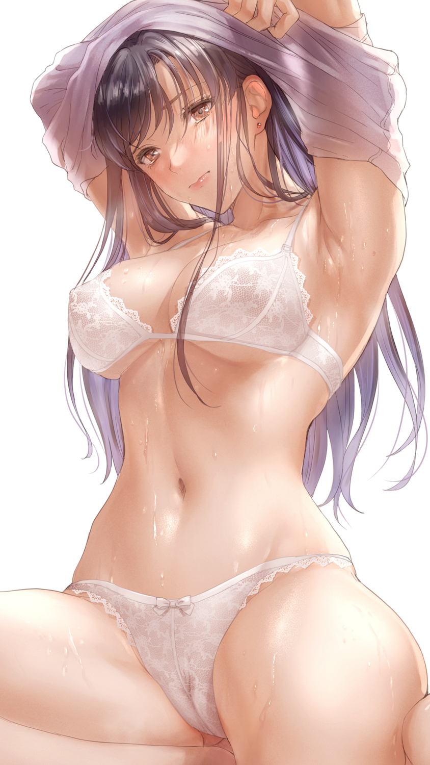 armpits, arms up, bangs, biting, biting lip, black hair, blush, bow, bow panties, bra, breasts, brown eyes, cameltoe, clothes lift, collarbone, covered nipples, crotch seam, earrings, female, female torso, hair behind ear, head tilt, highres, jewelry, lace trim, lace-trimmed bra, lace-trimmed panties, large breasts, lifted by self, light frown, lingerie, lips, long hair, looking at viewer, navel, original, panties, pussy, shiny, shiny skin, shirt lift, sidelocks, simple background, sitting, solo, stud earrings, sweat, underboob, underwear, underwear only, undressing, white bra, white panties, yukino cg