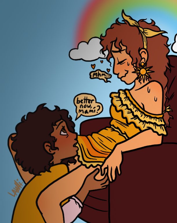 1boy, 1girls, after sex, blush, camilo madrigal, dark skin, dark-skinned male, dialogue, disney, encanto, female, implied cunnilingus, implied oral, incest, latina, latino, lawlicon, light skin, light-skinned female, male, milf, mother and son, pepa madrigal, sweat, teenage male, wavy mouth