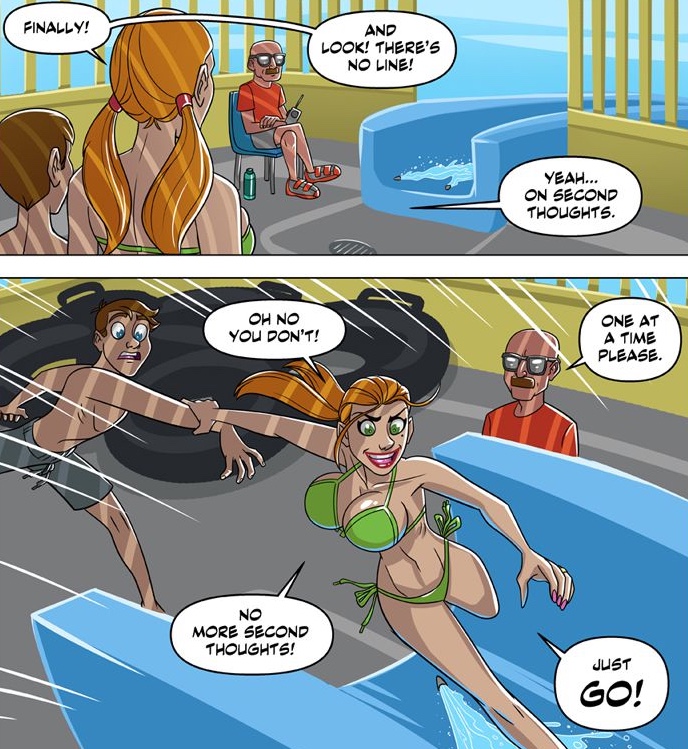 big_breasts bikini blue_eyes brown_hair comic dialogue female green_eyes john_north orange_hair running speech_bubble swimming_trunks text water_slide waterpark