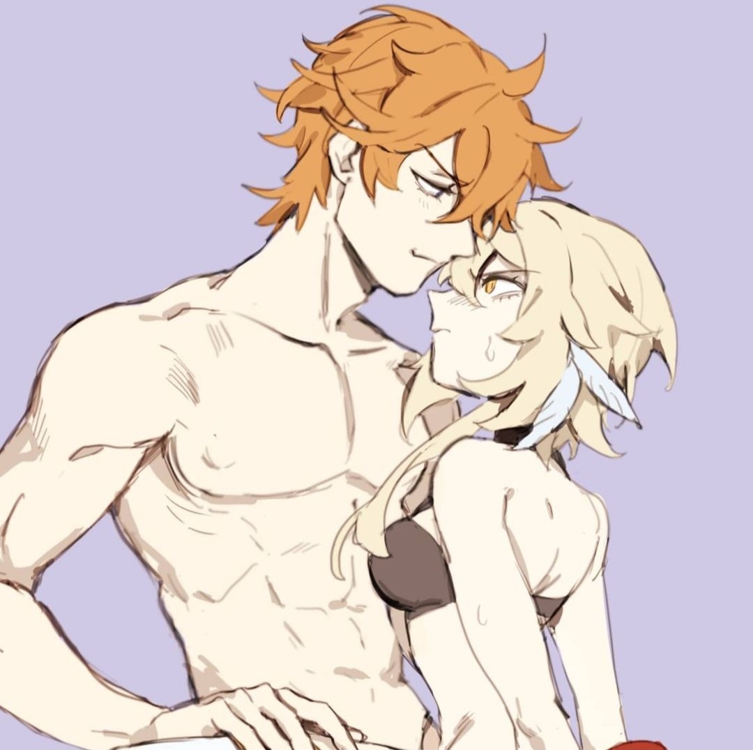 1boy, 1girls, angry, blonde hair, brown hair, childe (genshin impact), cocky, female, genshin impact, lumine (genshin impact), male, shirtless, shirtless (male), shirtless male, smug, straight, tartaglia (genshin impact), tsundere