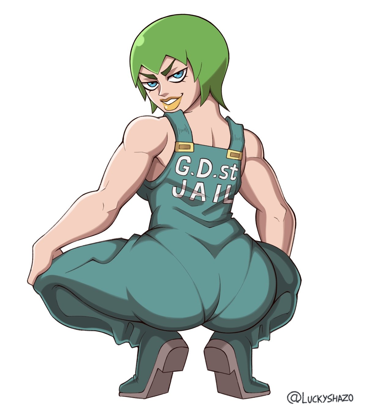 1girls, 2021, ass, big ass, blue eyes, broly culo, female, female only, foo fighters, jojo's bizarre adventure, light skin, light-skinned female, lipstick, luckyshazo, meme, solo, solo female, squatting, stone ocean, white background