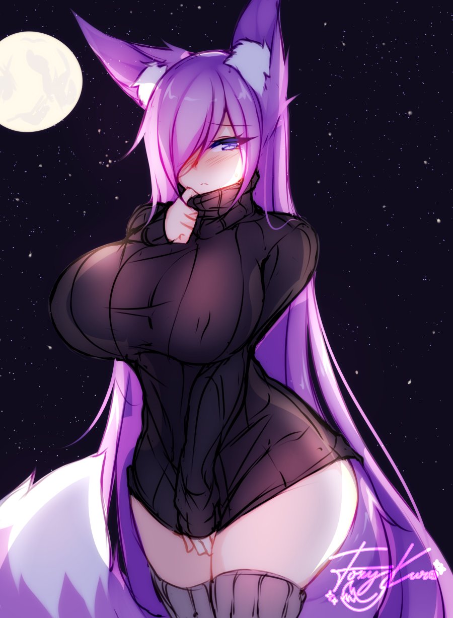 black_stockings black_sweater cleavage dirtykuro fox_ears fox_girl foxgirl foxykuro hair_covering_eye hair_covering_one_eye hair_over_eye hair_over_one_eye hair_over_one_eyes kitsune kuro_(foxykuro) long_hair long_purple_hair original purple_eyes purple_hair purple_hair_female stockings sweater thighs