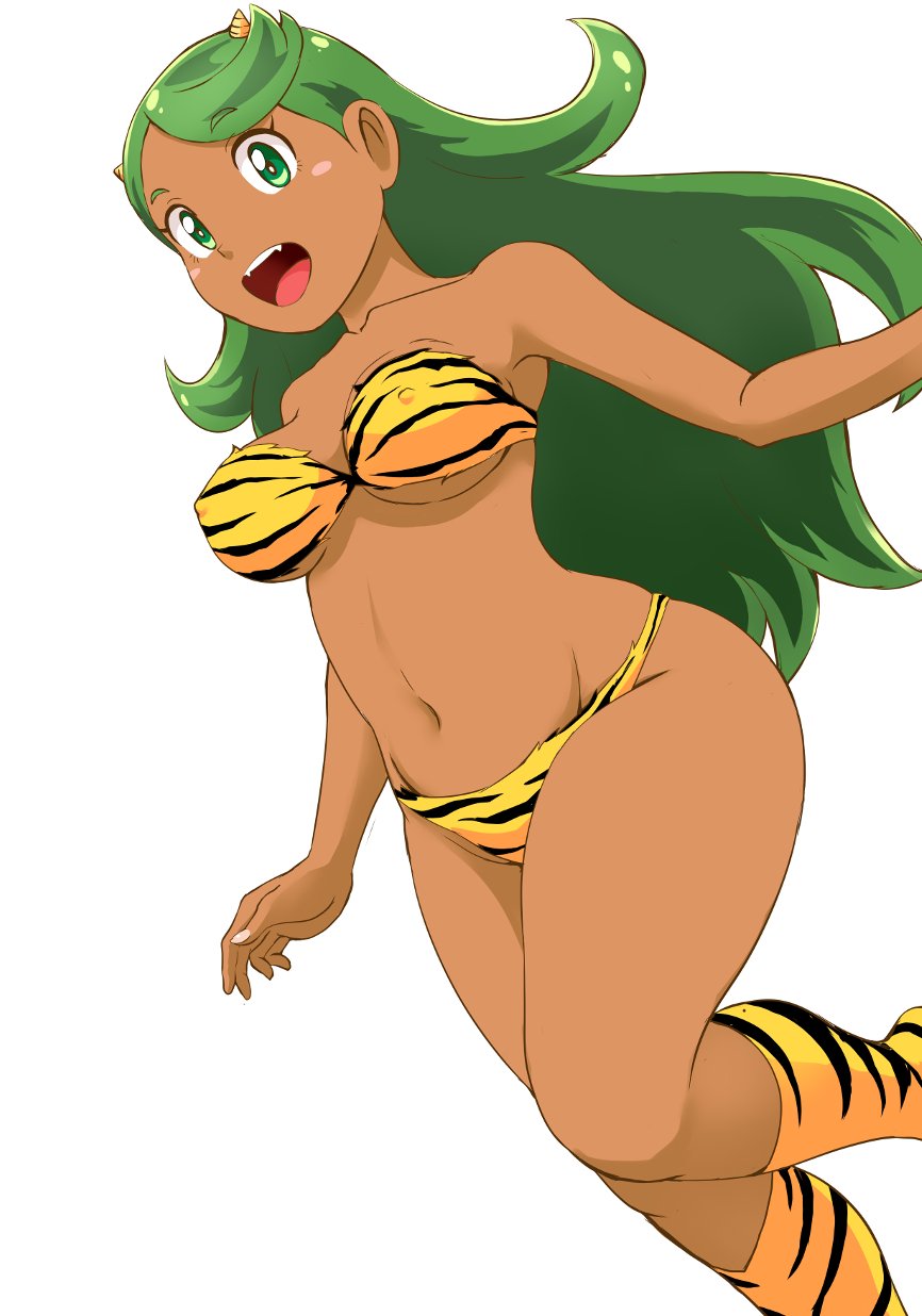 1girls bikini breasts dark-skinned_female dark_skin erect_nipples erect_nipples_under_clothes fangs female female_only green_eyes green_hair hi_res horn lum_(cosplay) mallow_(pokemon) pokemon pokemon_sm smile solo thick_thighs tiger_print tof urusei_yatsura white_background wide_hips