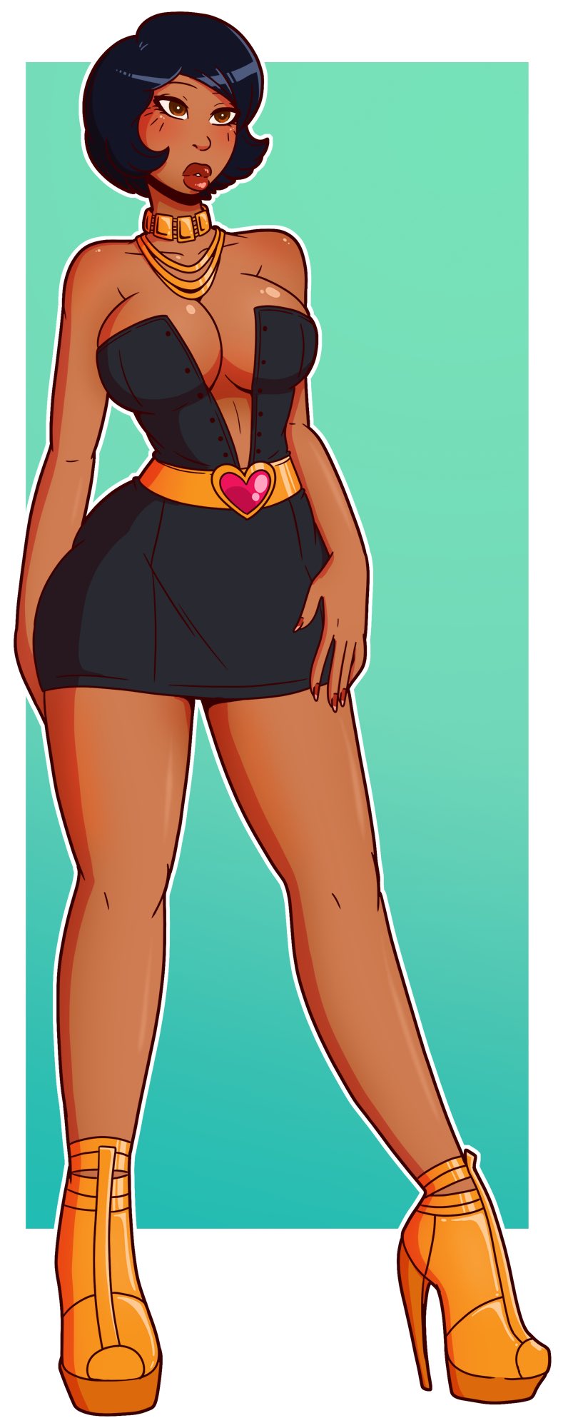 alex (totally spies), belt, bimbo, boots, breasts, cleavage, dark skin, dark-skinned female, female, high heel boots, high heels, large breasts, navel, short dress, thick lips, thick thighs, totally spies, wide hips, wrenzephyr2