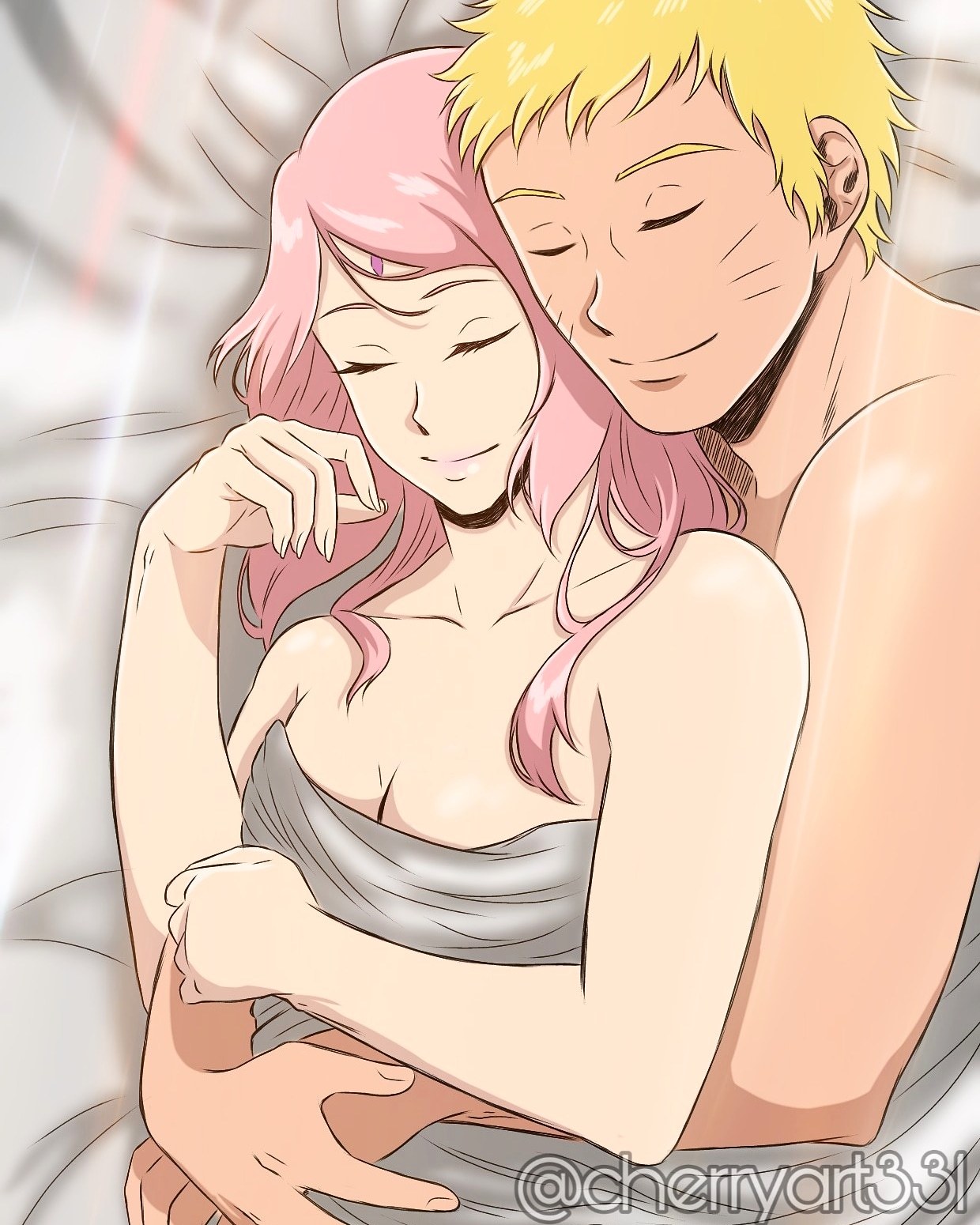 alternate hair length, alternate hairstyle, arm under breasts, bed, blonde hair, boruto: naruto next generations, breasts, cherryart331, cleavage, closed eyes, cuddling, female, happy, hug, hugging, hugging from behind, long hair, lying on bed, lying on side, male, naked, naruto, naruto (series), pink hair, romantic, romantic couple, sakura haruno, short hair, spoon position, spooning, sunlight, torso grab, under covers, uzumaki naruto