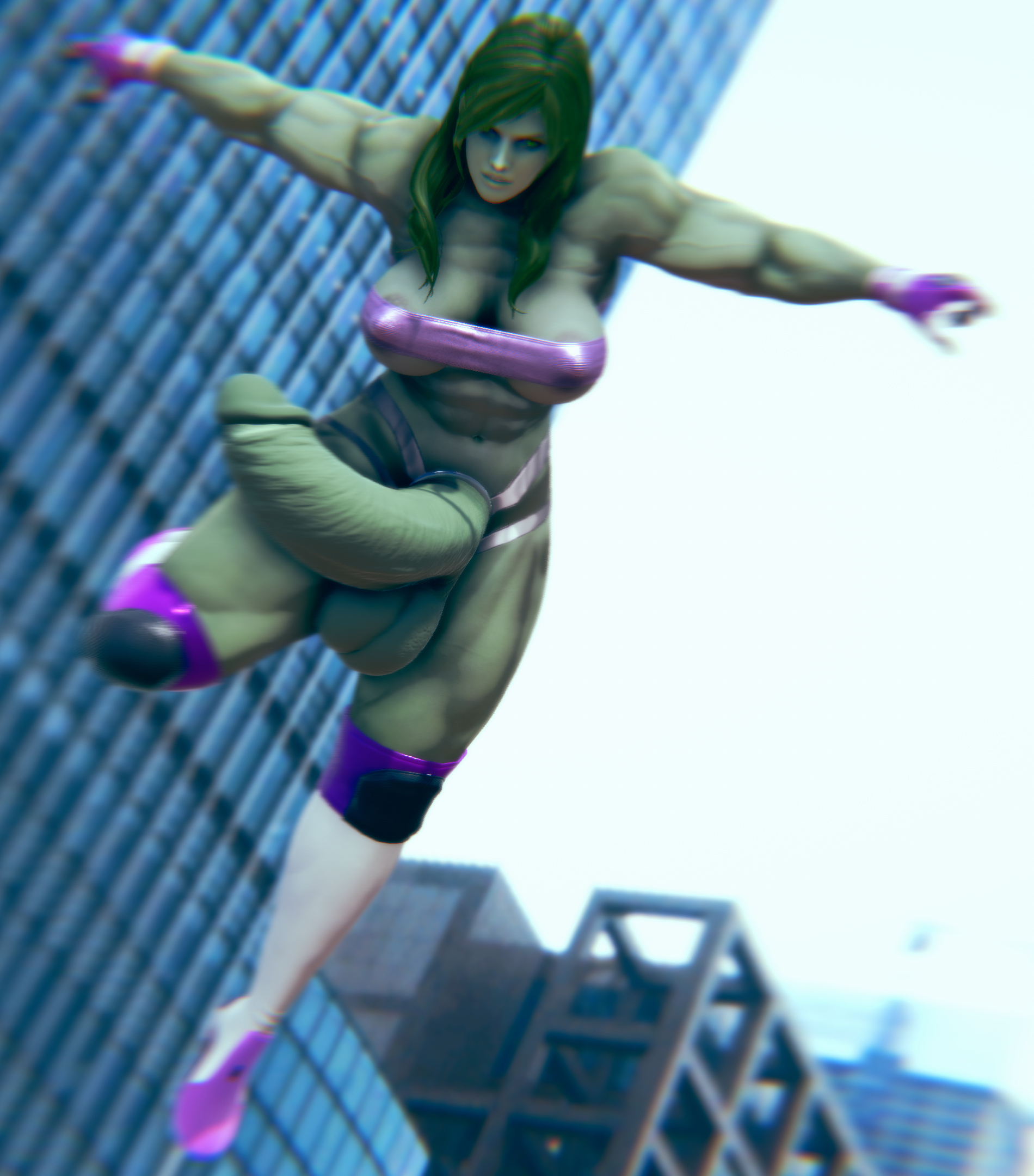 1futa, 3d, female, flaccid, futa only, futanari, green eyes, green hair, green skin, hdregrets, huge cock, humanoid, humanoid penis, intersex, marvel, marvel comics, muscular, muscular female, muscular futa, penis, she-hulk, solo, tubetop