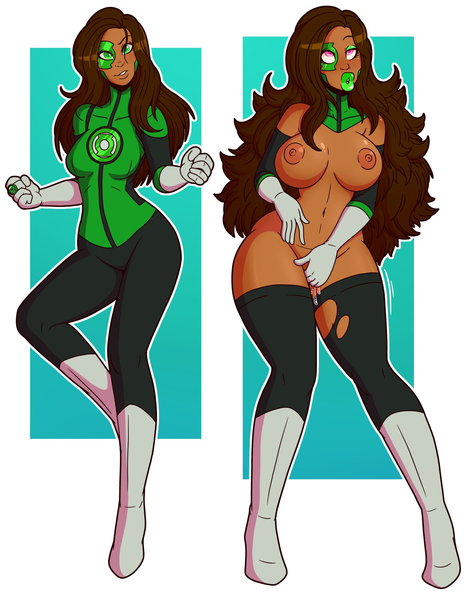 ass expansion, before and after, bimbo, bimbofication, brain drain, brainwashing, breast expansion, breast growth, breast growth (enlargement), breasts, dc, dc comics, dc super hero girls, eye color change, female, female only, gloves, green lantern, green lipstick, hair growth, huge breasts, jessica cruz, lip expansion, masturbation, navel, nipples, pussy, pussy juice drip, solo, thick lips, thick thighs, thigh expansion, transformation, wrenzephyr2