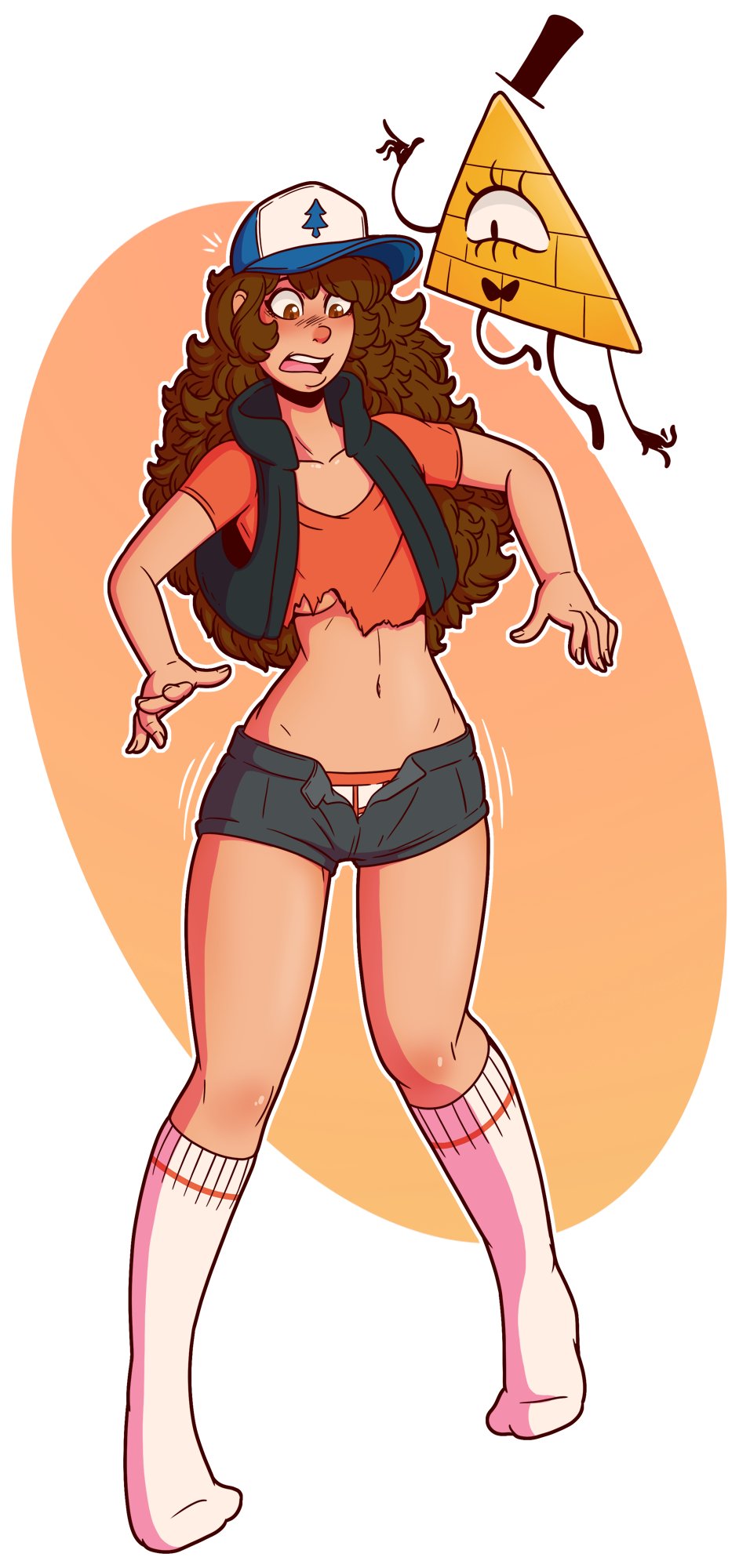 baseball cap, bill cipher, breasts, confusion, dipper pines, disney, disney channel, disney xd, female, female dipper, gender transformation, genderswap, genderswap (mtf), gravity falls, pine tree (symbol), rule 63, straight hair, teenager, thighs, transformation, wide hips, wrenzephyr2