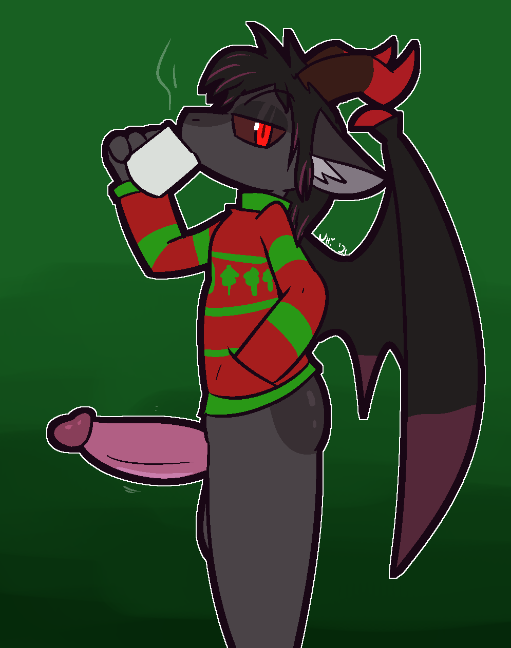 2022 2_horns anthro azazel_(blissman2020) balls big_balls big_penis black_body black_fur black_wings bottomless christmas christmas_clothing christmas_sweater christmas_topwear clothing demon erection fur genitals glans green_background grey_balls grey_body grey_fur hair half-closed_eyes hand_in_pocket hi_res highlights_(coloring) holding_mug holding_object holidays horn looking_at_viewer male male_only motion_lines mug narrowed_eyes partially_clothed penis pink_glans pink_penis pockets pupils purple_hair purple_highlights purple_wings raised_arm red_clothing red_eyes red_horn red_pupils red_sclera red_sweater red_topwear side_view simple_background slit_pupils solo sweater thick_penis throbbing_penis topwear ultilix wing_claws wings