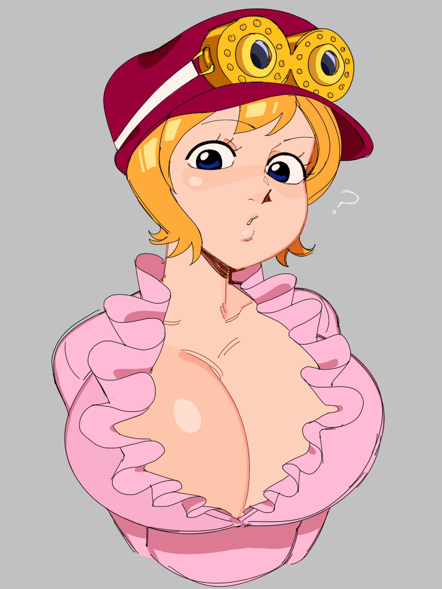 ?, 1girls, big breasts, blue eyes, breast focus, breasts, cleavage, clothing, female, female only, frills, glasses, glasses on head, grey background, hat, koala (one piece), large breasts, nezulet, one piece, orange hair, orange-haired female, pink shirt, question mark, short hair, simple background, solo, source request, upper body