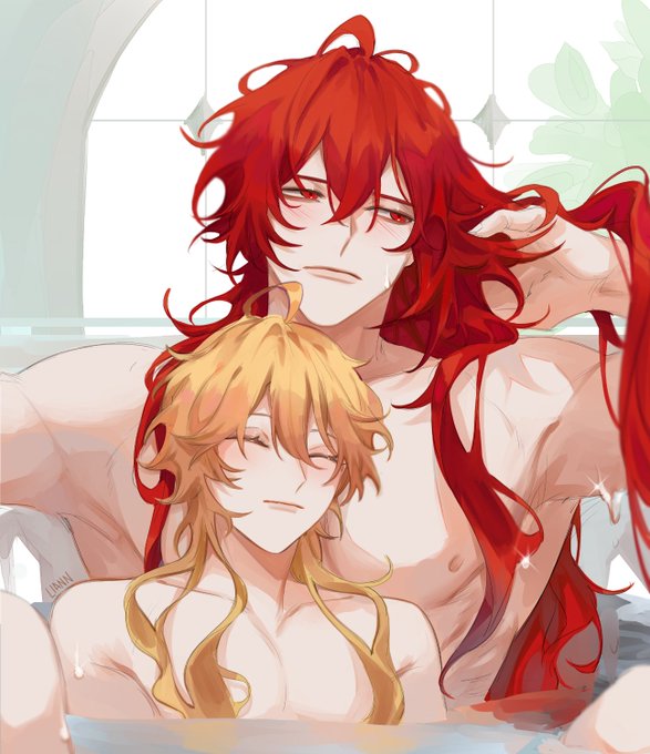 aether (genshin impact), androgynous, bathing, bishonen, diluc (genshin impact), gay, genshin impact, long hair, long-haired male, male, male only