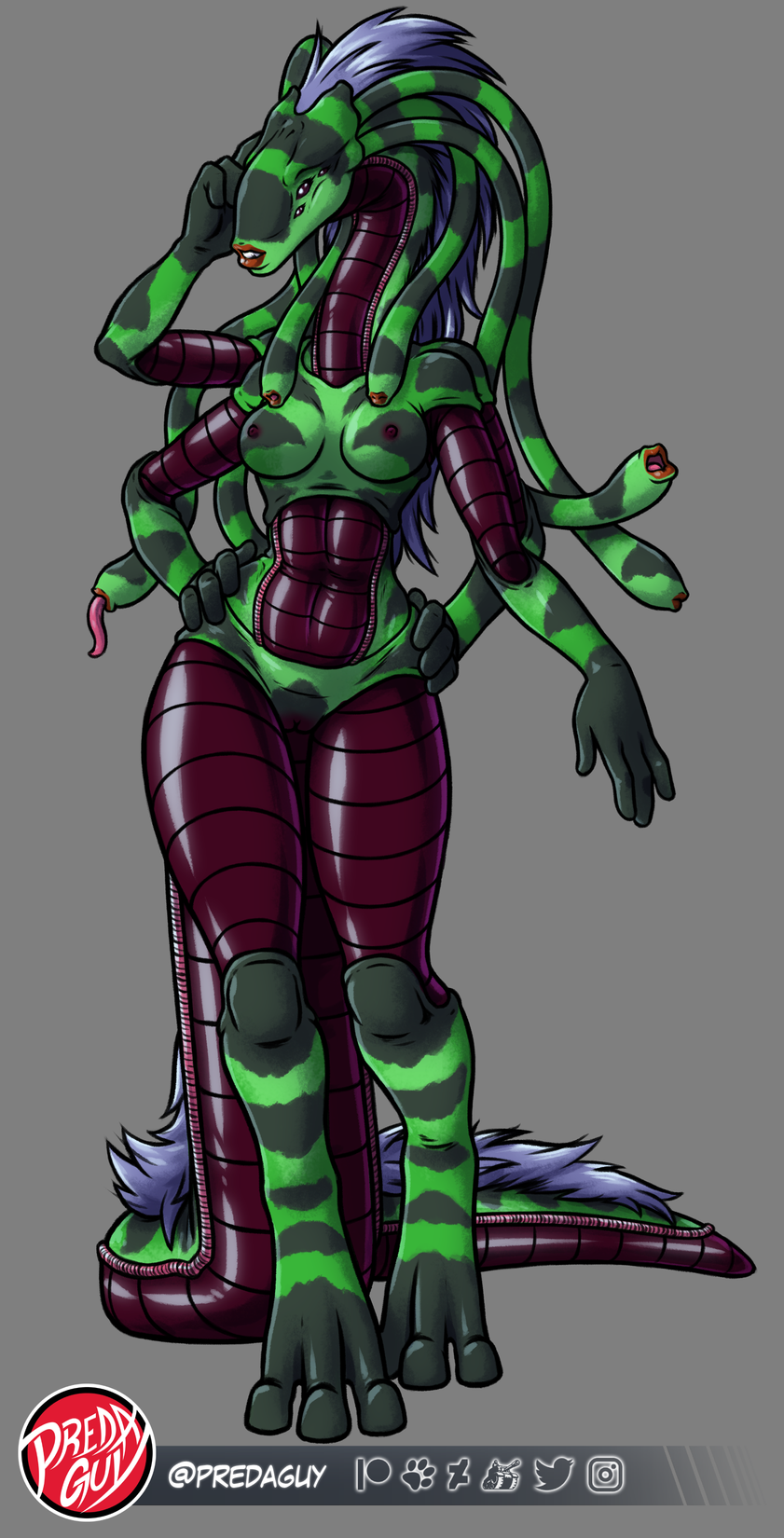 2022 3_toes 4_arms 4_fingers 6_eyes alien anthro areola artist_logo beady_eyes big_tail biped breasts cel_shading digital_drawing_(artwork) digital_media_(artwork) digitigrade eyelashes feet female fingers genitals glistening glistening_body glistening_scales glistening_tail green_body green_pseudo_hair grey_background hair hands_on_hips hi_res humanoid_hands lips logo long_neck long_tail looking_at_viewer mane medium_breasts multi_arm multi_eye multi_limb navel nipples nude open_mouth pink_tongue predaguy pseudo_hair purple_areola purple_body purple_eyes purple_hair purple_mane purple_nipples purple_pussy purple_scales pussy red_lips scales scalie shaded simple_background small_areola small_nipples small_waist snout solo striped_body stripes tail_mane tentacle tentacle_hair tentacle_mouth thick_tail thick_thighs toes tongue tongue_out unknown_species wide_hips zyangya_(predaguy)