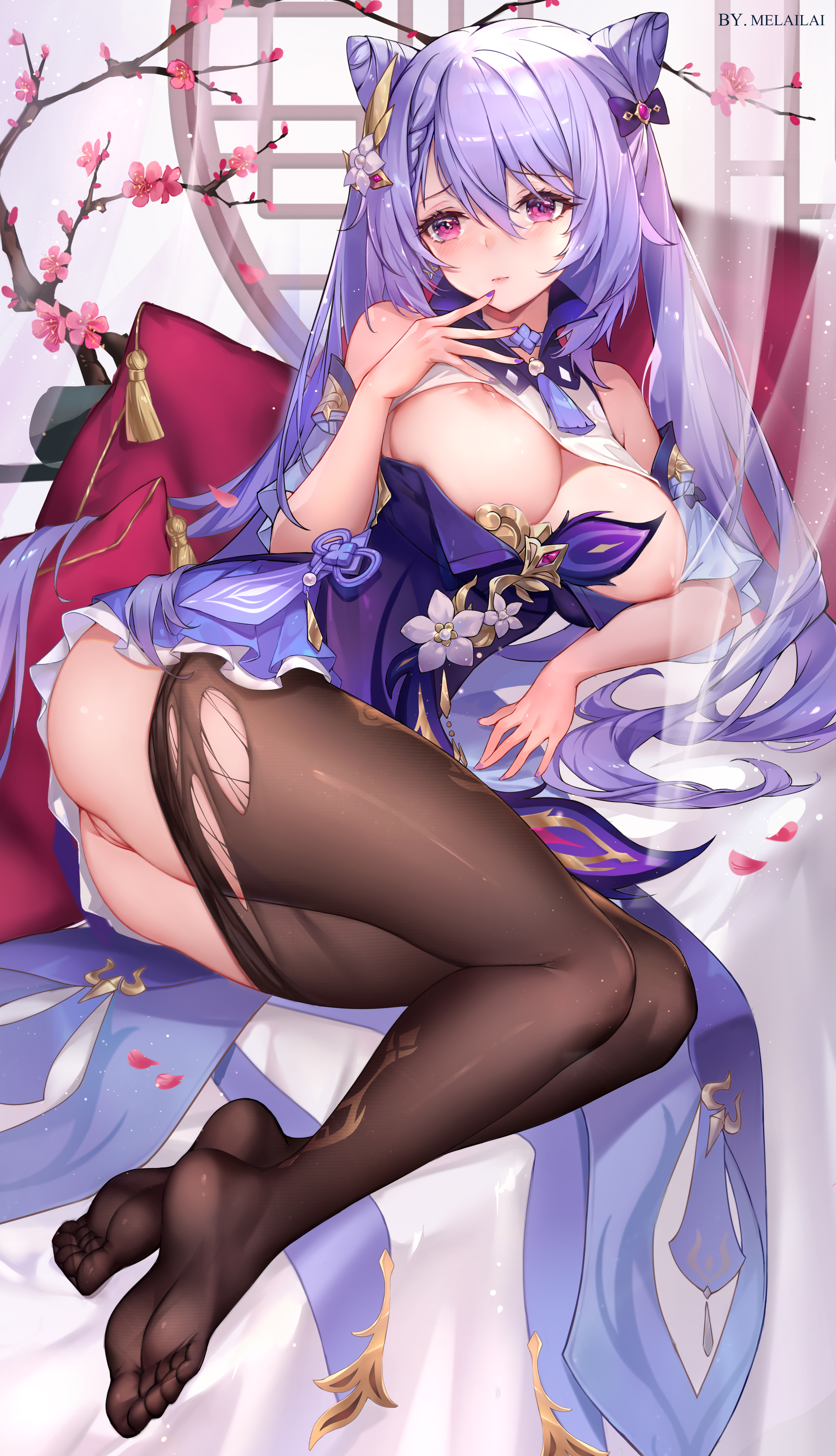 ass, big ass, big breasts, black legwear, breasts, female, genshin impact, keqing (genshin impact), melailai, nipples, partially clothed, pussy, ripped clothing