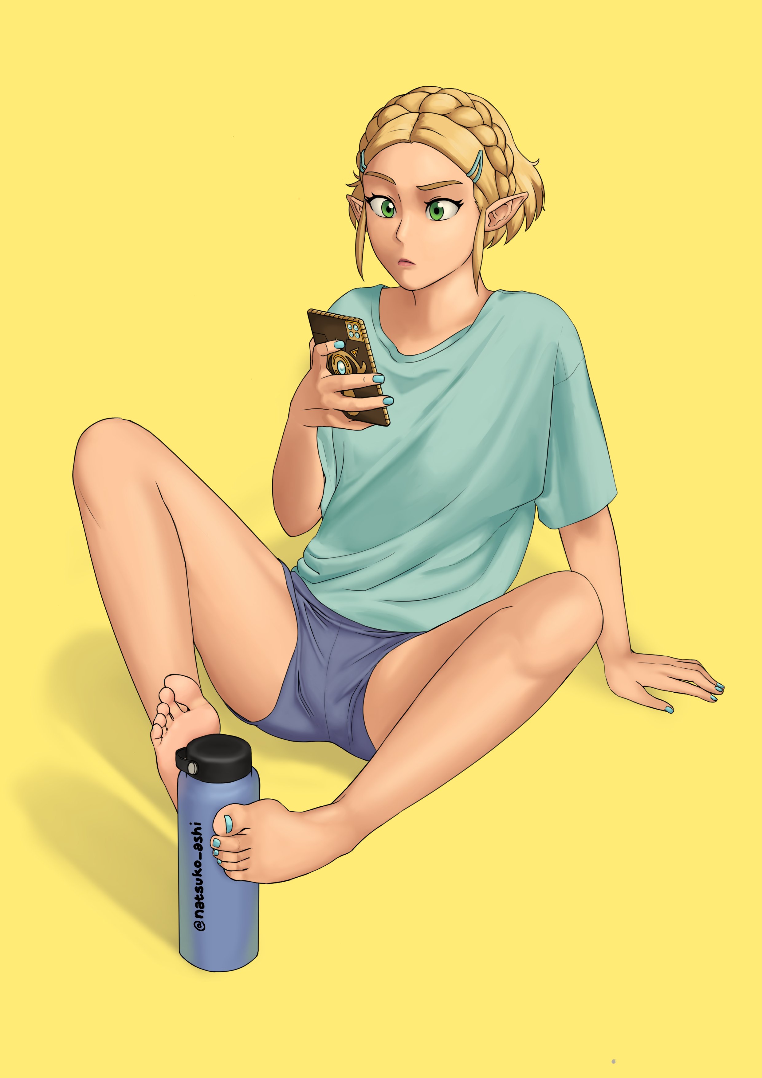 1girls, blonde hair, blue nail polish, blue nails, cellphone, feet, female, foot fetish, footjob, green eyes, hylian, natsuko ashi, nintendo, princess zelda, sexually suggestive, short hair, simulated footjob, sitting, solo, tagme, tears of the kingdom, the legend of zelda, water bottle, yellow background, zelda (tears of the kingdom)