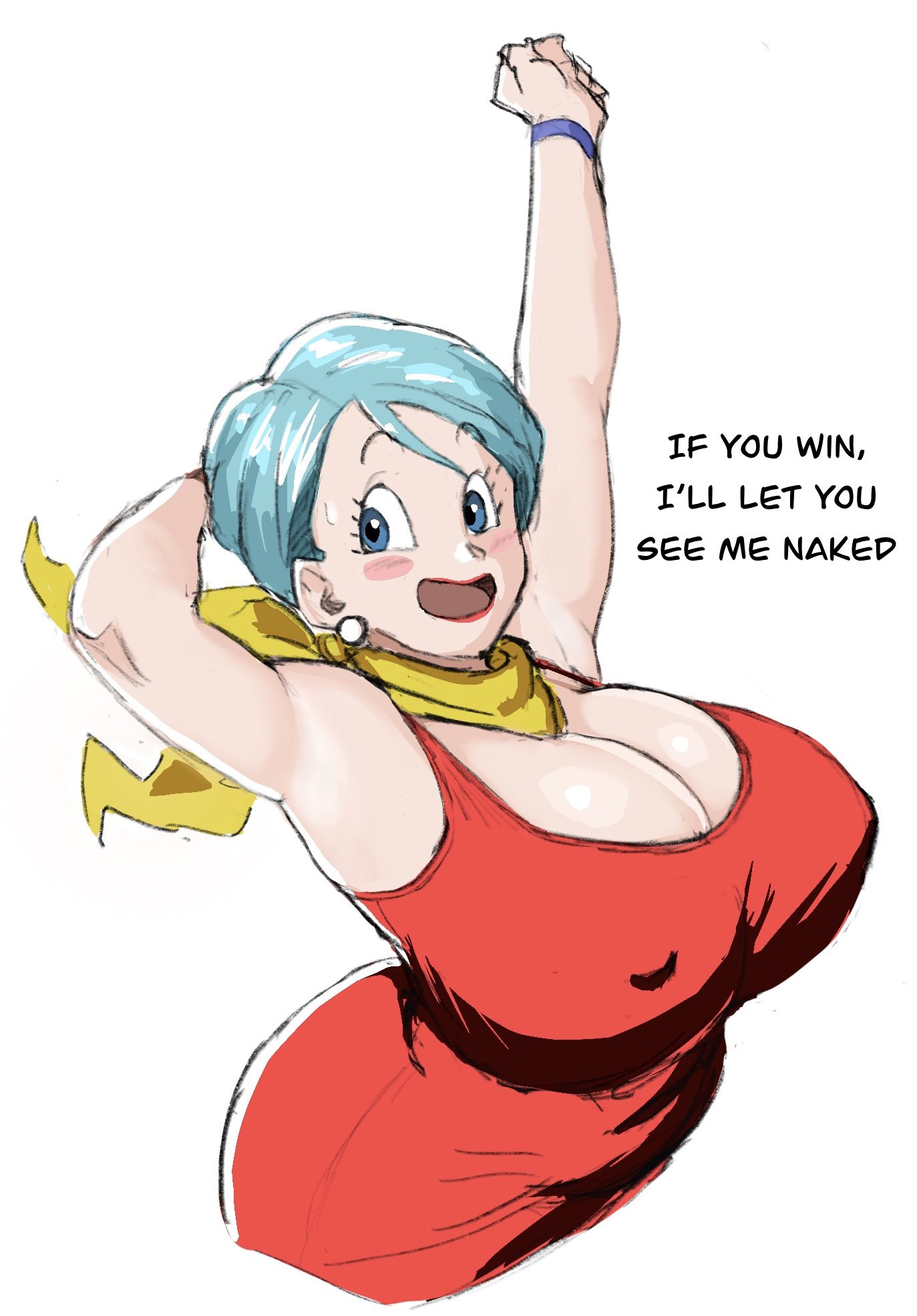 ass, ass in dress, big ass, big breasts, blue eyes, blue hair, boobs, breasts, bulma briefs, cleavage, dragon, dragon ball, english text, female, lipstick, milf, offering, smile, text, thick thighs, tits, zetomeso