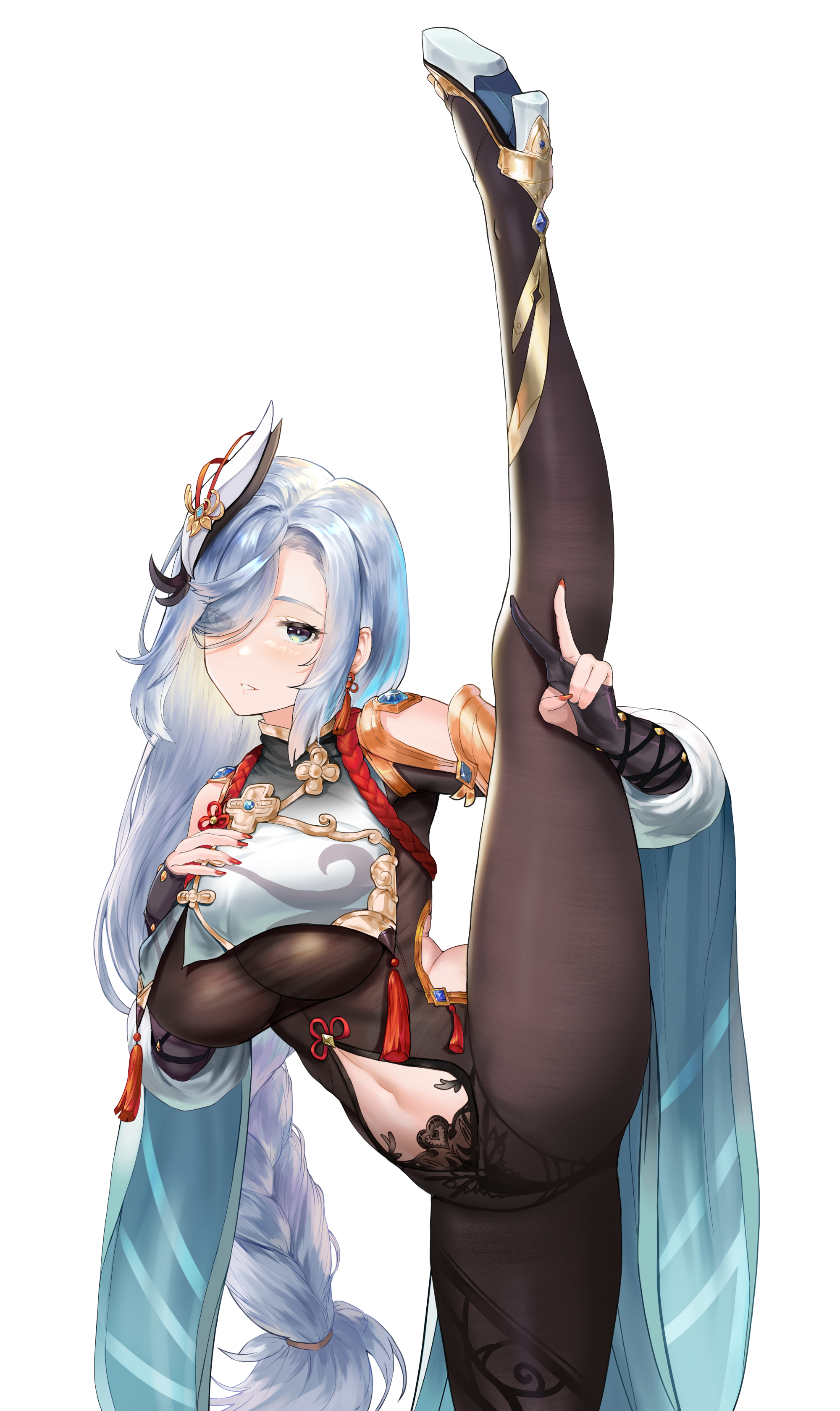 black legwear, blue hair, female, flexible, genshin impact, high heels, legs held open, legs up, looking at viewer, shenhe (genshin impact)