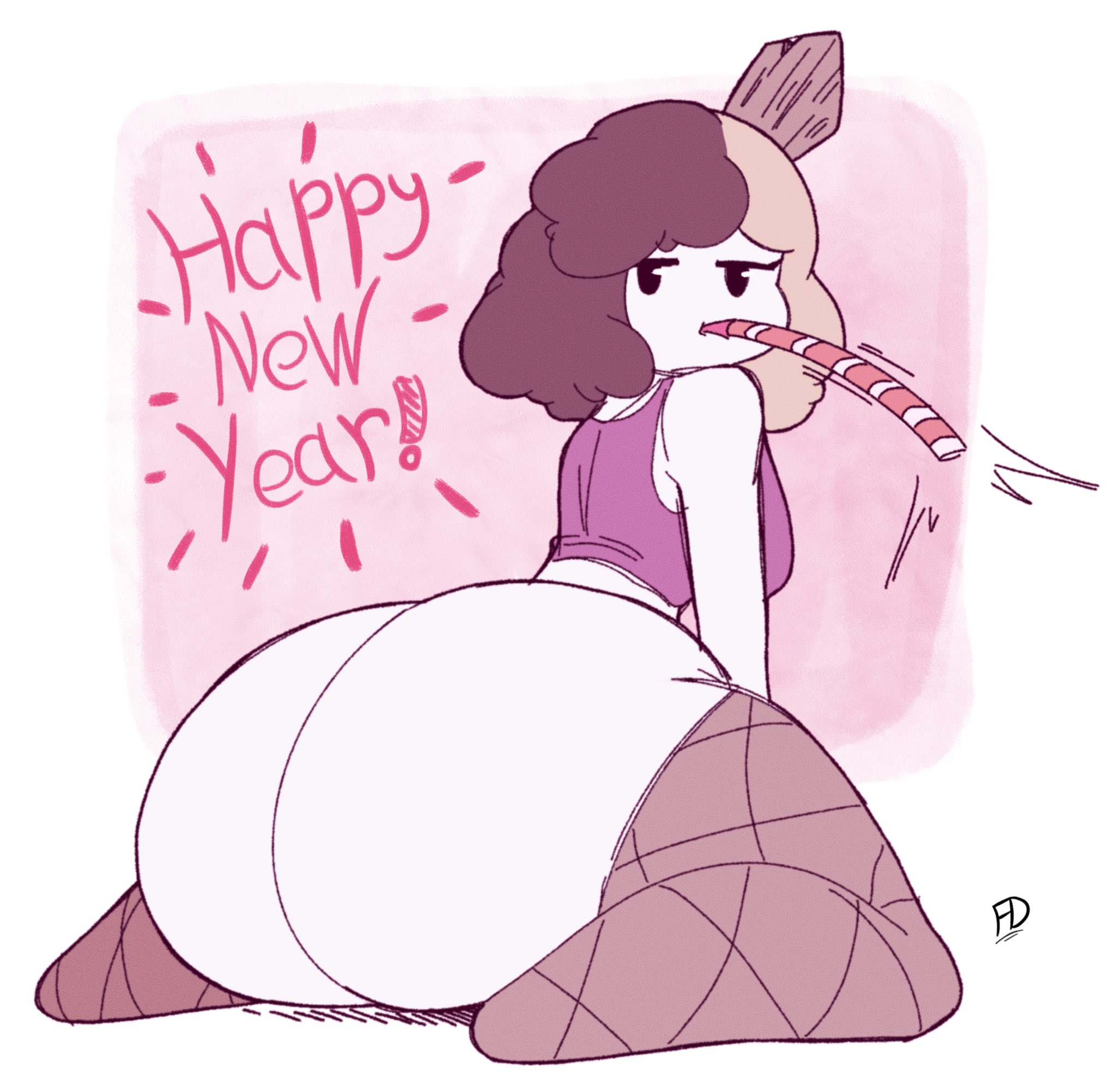 1girls, ass, ass focus, big ass, bottom heavy, female, female only, fiffer, flake (fiffer), happy new year, looking at viewer, looking back, multicolored hair, new year, nub feet, short hair, solo, solo female, text, thick thighs, thighhighs, thighs, watermark