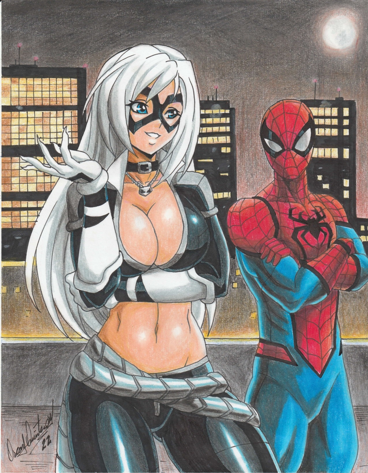 1boy, 1girls, amulet, anime style, arm under breasts, arms folded, ass visible through thighs, big breasts, black and white clothing, black cat (marvel), black choker, black clothing, blue eyes, breasts, cat burglar, cat mask, cat necklace, cautious, choker, cleavage, clothed, curvaceous, curvaceous figure, curves, curvy, curvy body, curvy female, curvy hips, curvy thighs, expressive eye, expressive mask, felicia hardy, female, full cleavage, fully clothed, gloves, light skin, light-skinned female, long hair, male, marvel, marvel comics, mask, masked female, masked male, midriff, moon, moonlight, muscles, muscles through clothes, muscular, muscular male, navel, night, night sky, outside, peter parker, ravern clouk, red and blue, rooftop, shiny breasts, shiny clothes, shiny hair, shiny skin, slim, slim waist, smile, smiling, smiling at another, spider web print, spider-man, spider-man (series), straight hair, superhero, superhero costume, suspicious, teeth, teeth showing, thick thighs, toned belly, toned female, toned male, toned stomach, twitter link, watermark, white claws, white gloves, white hair