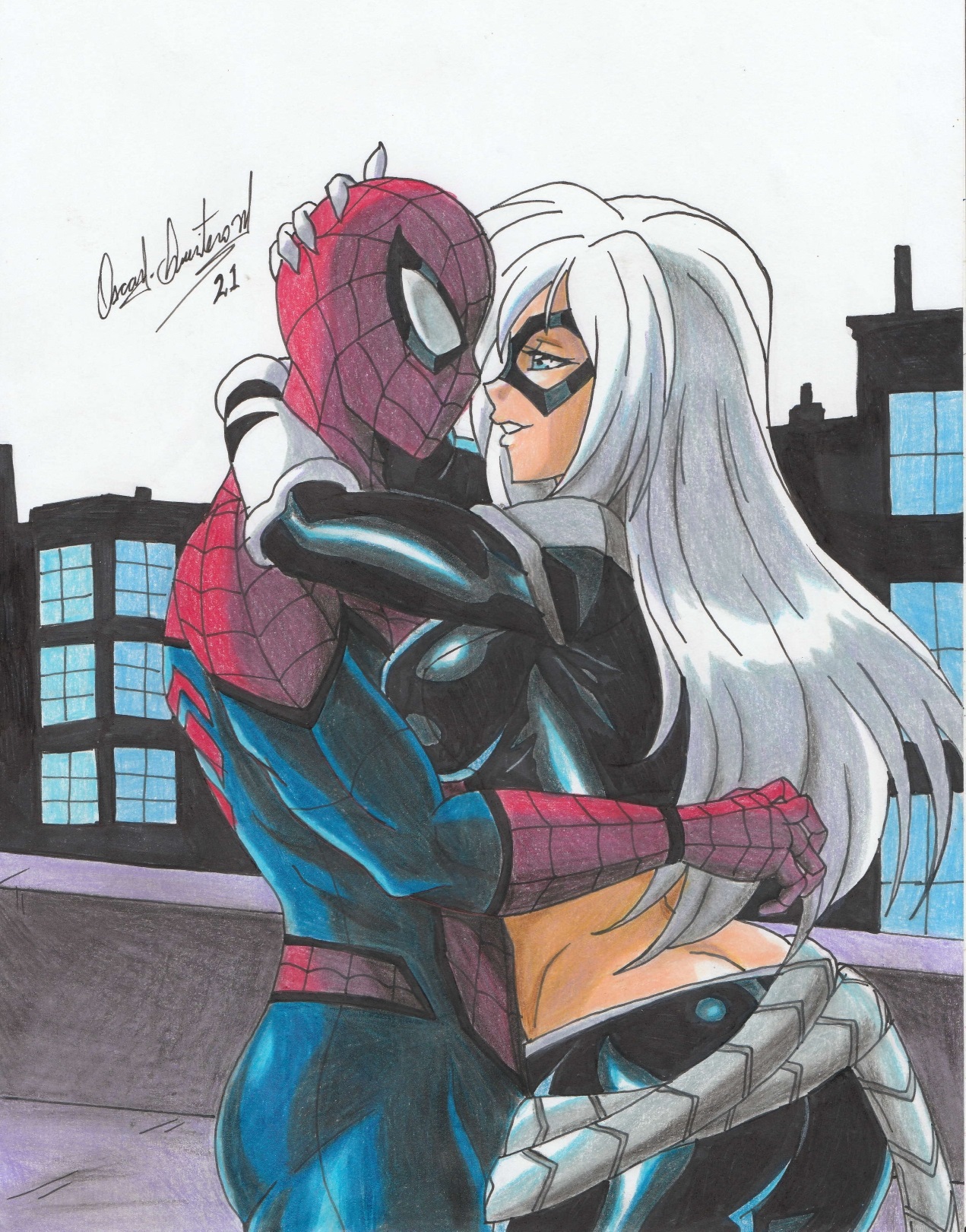 1boy, 1girls, arms around neck, ass, ass crack, black bodysuit, black cat (marvel), blue bodysuit, blue eyes, bodysuit, breasts, building, butt crack, couple, couple (romantic), couple love, couples, day, domino mask, duo, eye contact, felicia hardy, female, grin, half-closed eyes, hug, hugging, large ass, large breasts, long hair, looking at another, love, lovers, male, male/female, marvel, marvel comics, mask, masked, masked female, masked male, midriff, multicolored bodysuit, multicolored clothes, outside, peter parker, ravern clouk, red bodysuit, romantic, romantic couple, rooftop, skin tight, smile, spider-man, spider-man (series), standing, straight, straight hair, two-tone bodysuit, white hair