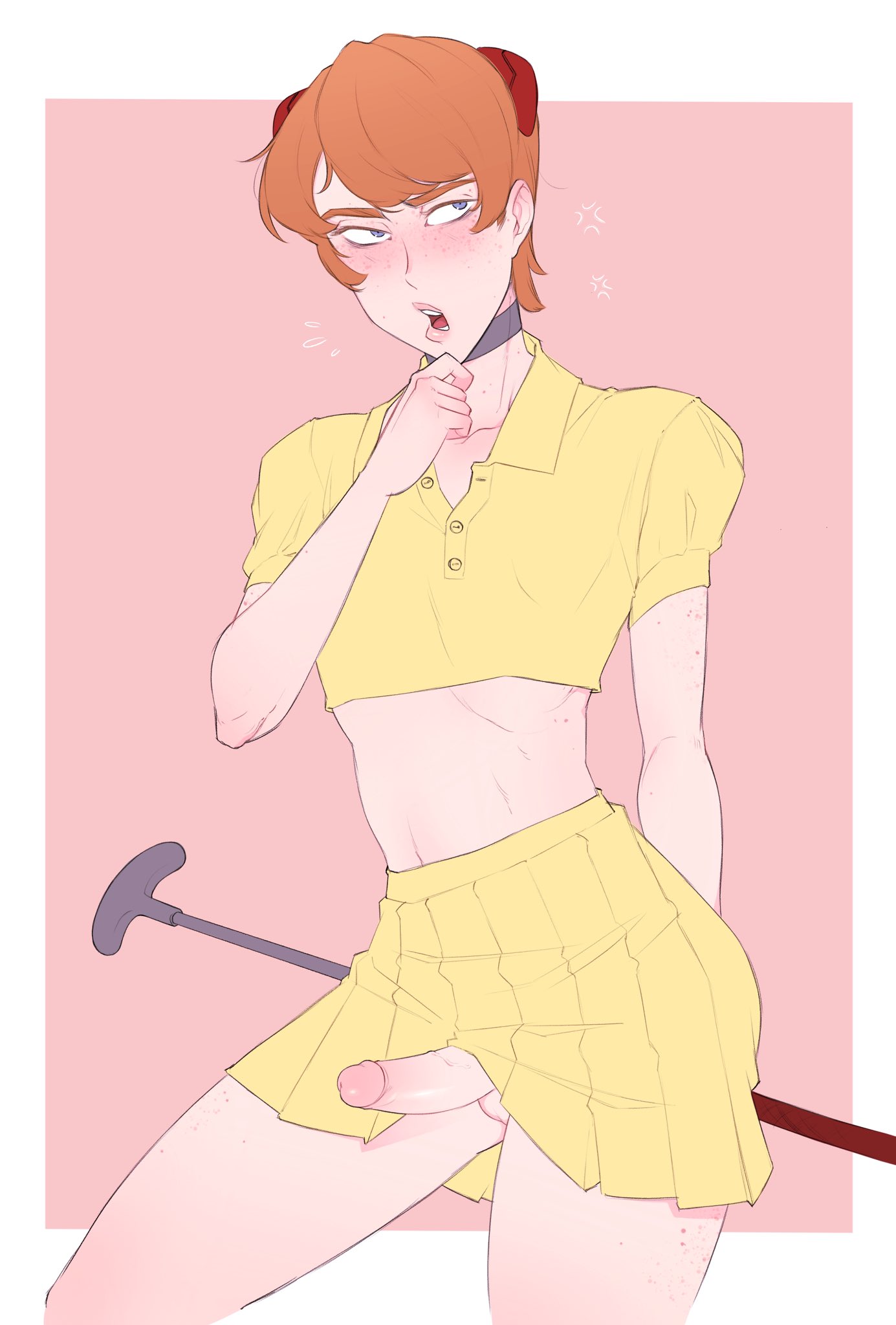 1boy, asuka langley sohryu, blush, choker, clothing, crop top, erection, erection under clothes, erection under skirt, femboy, genderswap, genderswap (ftm), golf club, haruhssment, male, male asuka, male only, neon genesis evangelion, open mouth, orange hair, penis, rule 63, short hair, simple background, skirt, solo, solo male, upskirt, yellow skirt