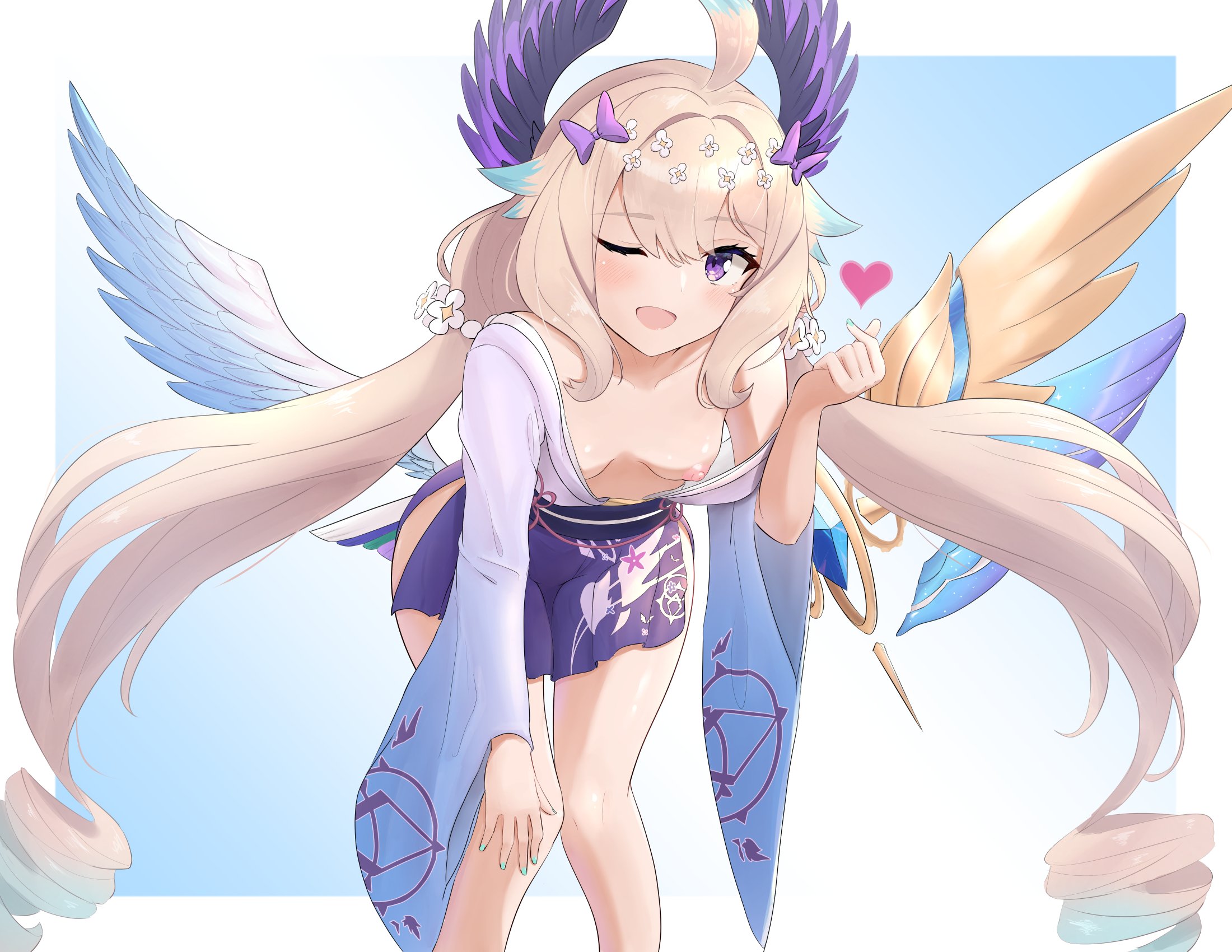 bare shoulders, bent forward, bent over, breasts, breasts out, enna alouette, exposed breasts, exposed shoulders, female, finger sign, nijisanji, nijisanji en, telomere, virtual youtuber