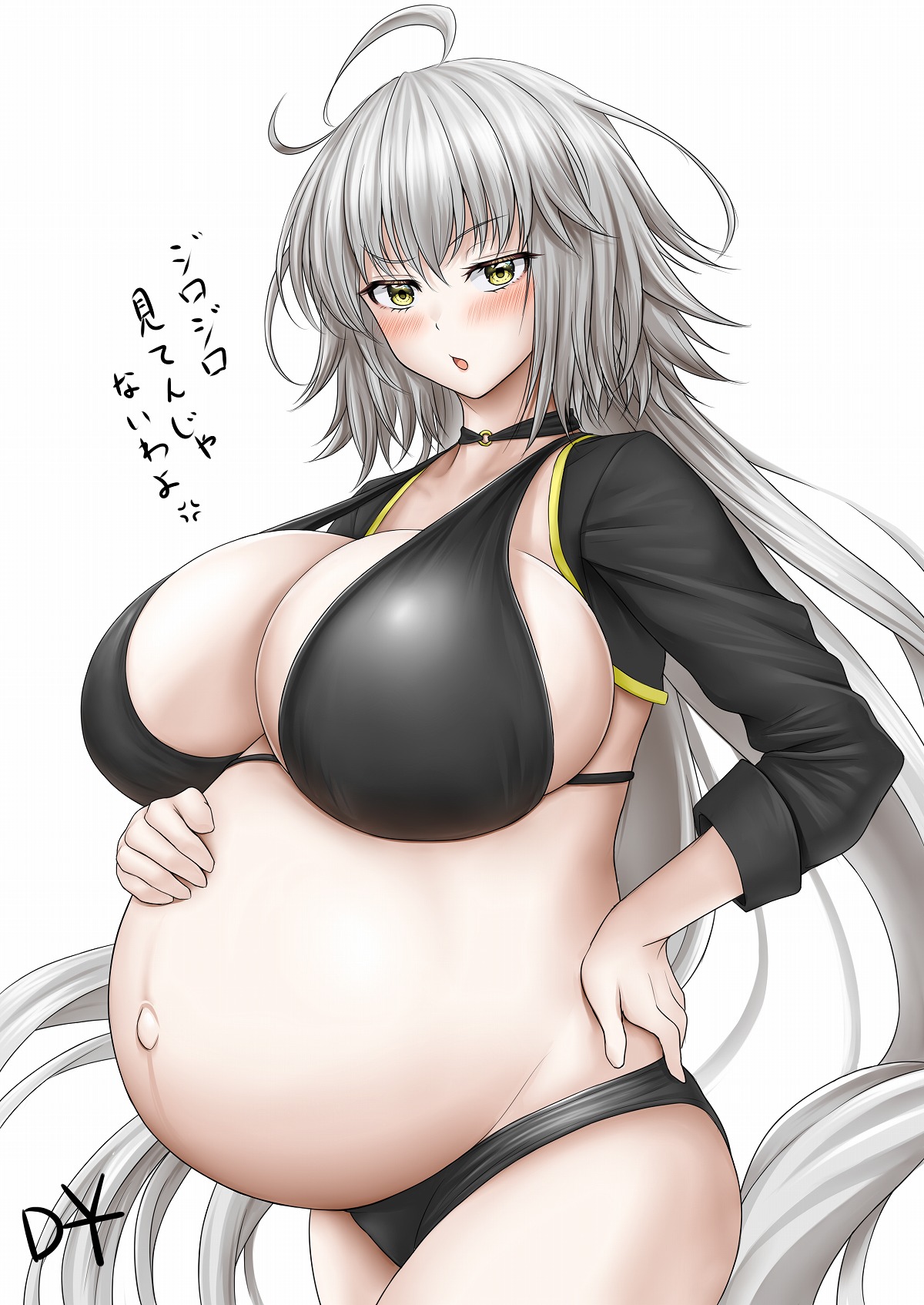big breasts, bikini, black bikini, blush, breasts, cleavage, dateoyoubun, fate (series), fate/grand order, female, female only, hand on belly, hand on hip, huge breasts, jeanne alter, long hair, looking at viewer, pregnant, silver hair, solo, swimsuit, very long hair, yellow eyes