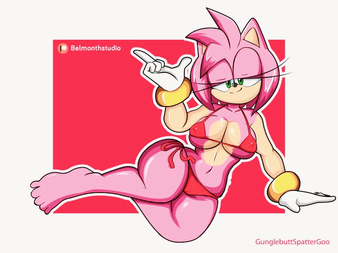 1girls amy_rose barefoot bikini breasts curvy female female_only fullmetalsketch furry gloves green_eyes half-closed_eyes light_skin nipple_bulge pink_fur pink_hair red_bikini sega solo sonic_(series) sonic_the_hedgehog_(series) thick thick_hips thick_thighs thighs white_gloves widescreen