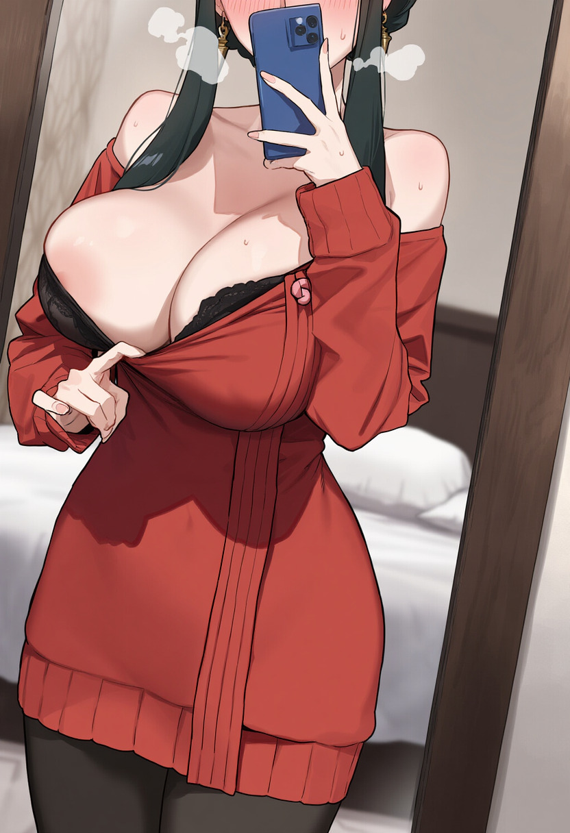 1girls, ai generated, bangs, bare shoulders, big breasts, black bra, black hair, black legwear, blush, bra, breasts, breath, cellphone, cleavage, earrings, female, holding phone, huge breasts, jewelry, long hair, mirror, moro0419, off shoulder, off-shoulder sweater, pantyhose, phone, red sweater, reflection, self shot, smartphone, solo, spy x family, sweat, sweater, tagme, underwear, yor briar, yor forger