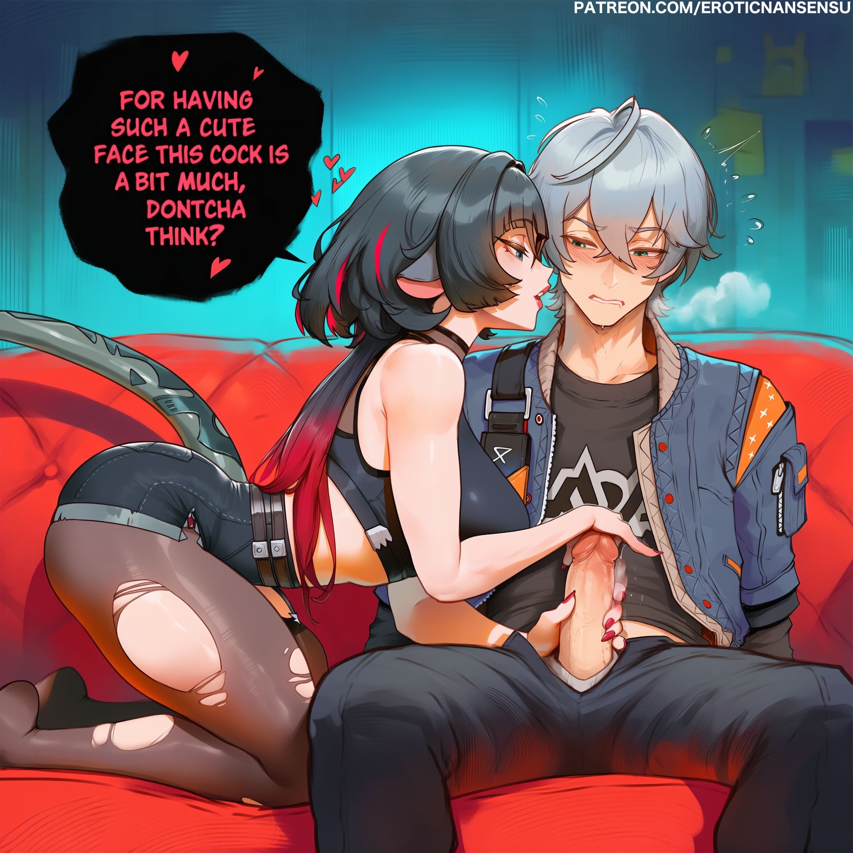 1boy, 1girls, 2d, ai assisted, ai generated, animal ears, breasts, english text, erotic nansensu, female, handjob, jane doe (zenless zone zero), large breasts, light skin, light-skinned female, male, penis, tail, text, thick thighs, thighs, torn pantyhose, wide hips, wise (zenless zone zero), zenless zone zero