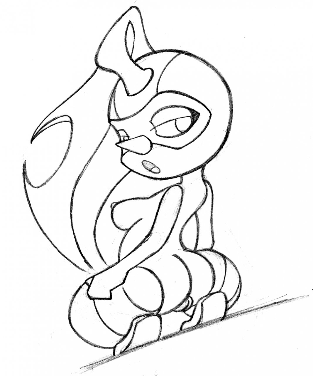 anthro ass back_view breasts female female_only looking_back monochrome nipples nuzleaf pokemon solo squatting tagme thebrave vulva