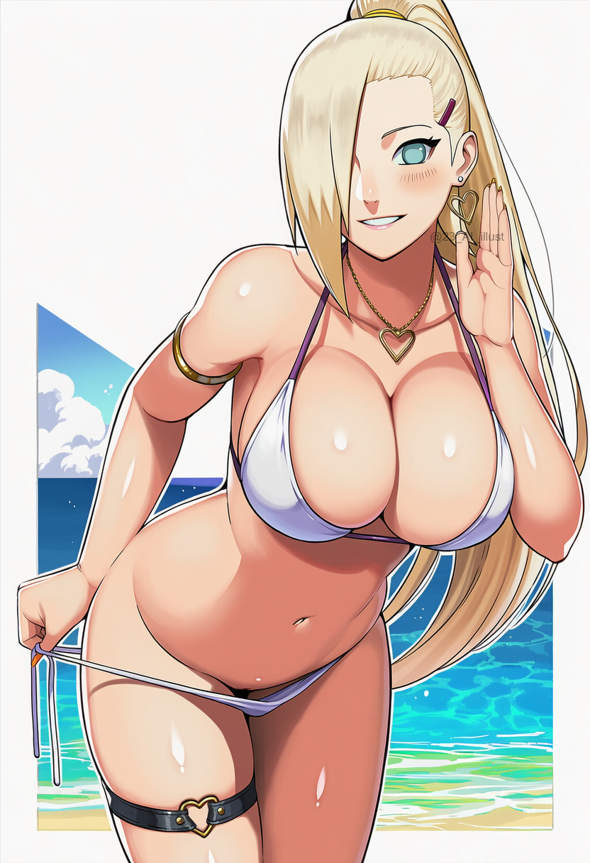 1girls, 23 ai illust, ai generated, beach, big breasts, bikini, bikini bottom, bikini top, blonde female, blonde hair, blue eyes, blush, blush lines, boruto: naruto next generations, breasts, cameltoe, curvy, curvy female, curvy figure, earrings, eyelashes, eyeshadow, female, from below, hair, hair ornament, hair over one eye, heart earrings, heart necklace, ino yamanaka, jewelry, leg strap, light blue eyes, light skin, light-skinned female, looking at viewer, loose hair, mature, mature female, midriff, milf, naruto, naruto (series), navel, necklace, ocean, outdoors, pale skin, pale-skinned female, pinup, ponytail, pussy, sea, seaside, smirk, swimsuit, teasing, thick thighs, thigh gap, thighs, tied hair, toned, toned female, undressing, untied bikini, untying, very long hair, watermark, waving, waving at viewer, waving hand, white skin