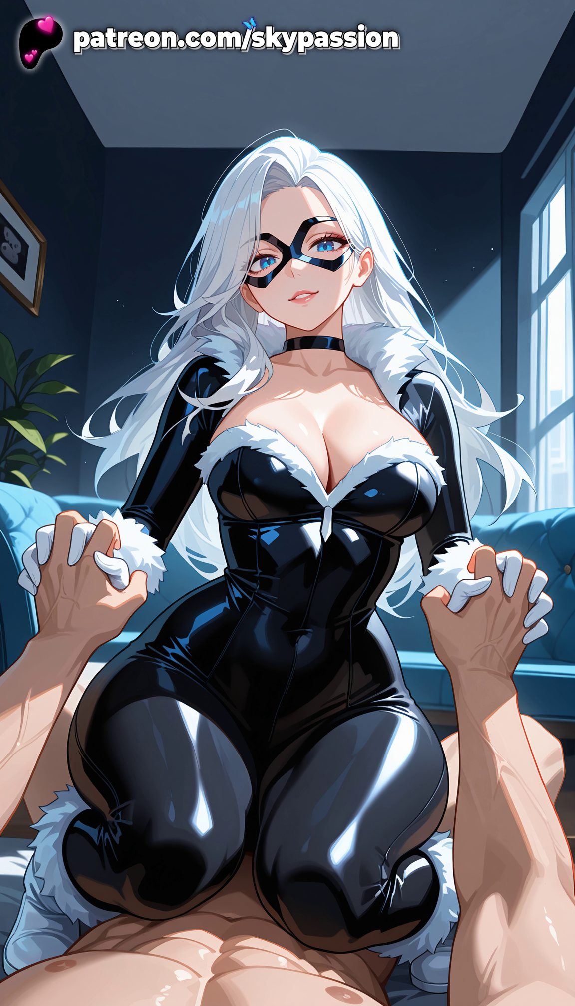1boy, 1girls, 2025, ai assisted, ai generated, anime, artist name, big breasts, big chest, black cat (marvel), black choker, blue eyes, boots, breasts, bust, busty, chest, choker, cleavage, cowgirl pose, cowgirl position, domino mask, explicit, feather boa, felicia hardy, female, female on top, fur, fur collar, fur trim, fur-trimmed boots, fur-trimmed coat, fur-trimmed dress, fur-trimmed gloves, fur-trimmed jacket, fur-trimmed legwear, fur-trimmed sleeves, hand grab, hi res, high quality, high resolution, highres, holding another's wrist, holding hands, indoors, interlocked fingers, large breasts, long hair, looking at viewer, male, marvel, marvel comics, mask, night, out of frame, parted lips, patreon, patreon username, plant, potted plant, pov, pov hands, riding, skypassion, smile, solo focus, spider-man (series), stable diffusion, straddling, straight, watermark, white hair, window