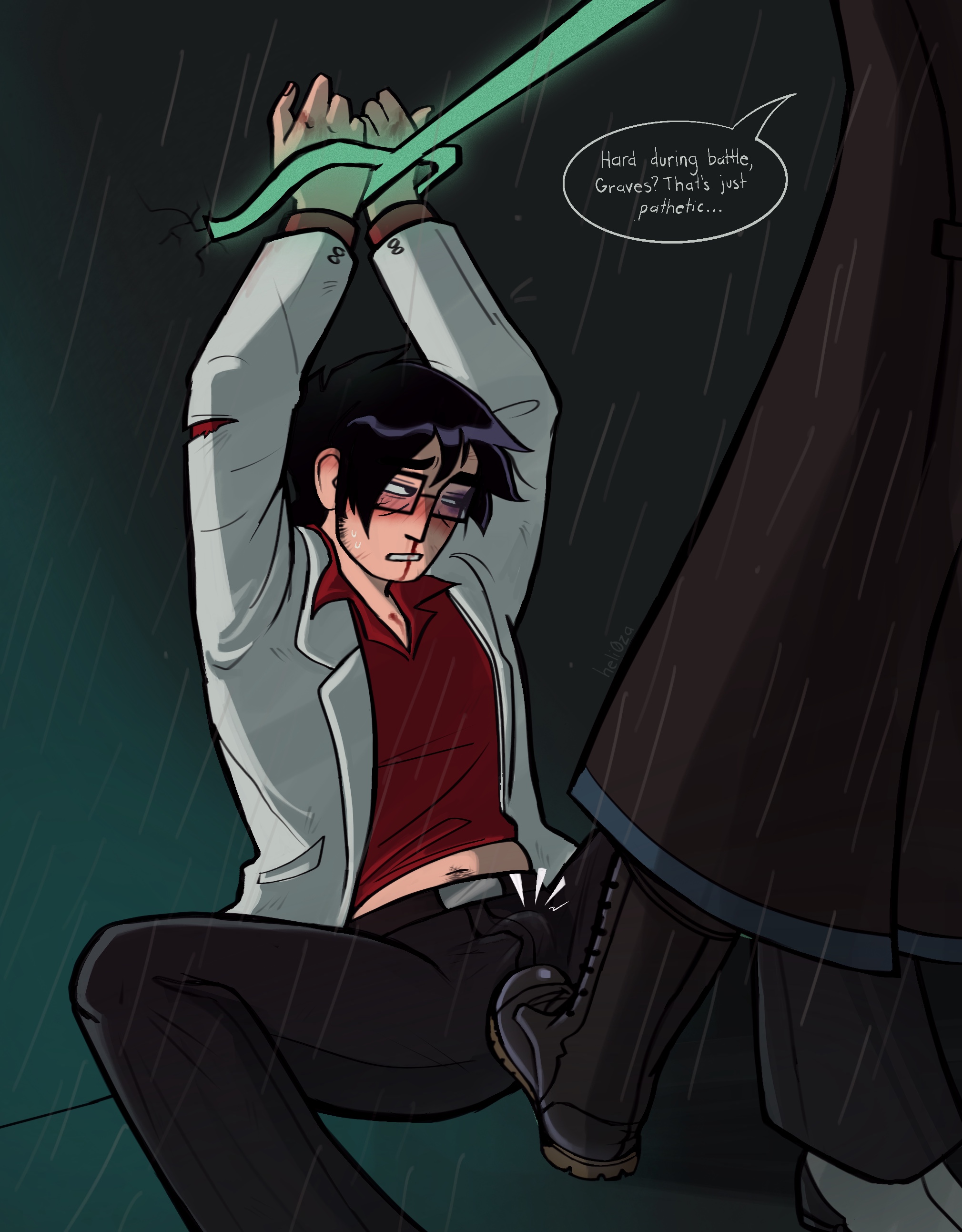 2boys, beaten up, blood on face, blood stain, bloody nose, bruised, defeated male, defeated villain, erection, erection under clothes, gay, gay sex, gideon gordon graves, heli0za, injured, male, male only, matthew patel, nosebleed, penis, scott pilgrim, stepping on penis, trident