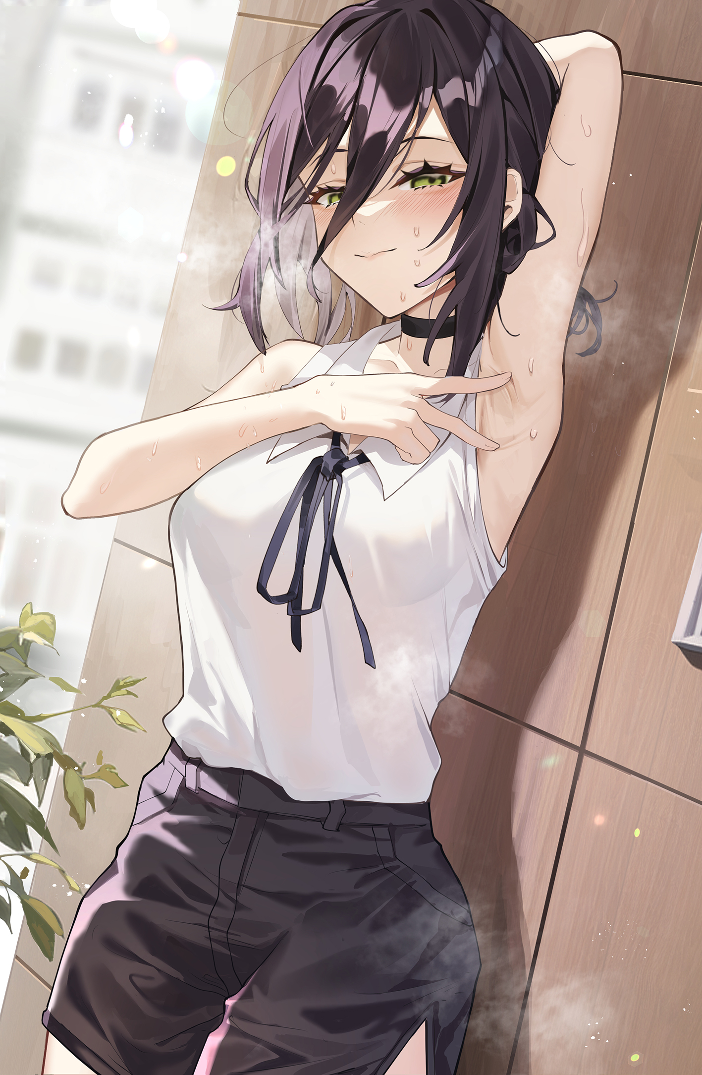 1girls, arm behind head, armpits, black choker, black hair, blush, breasts, chainsaw man, choker, closed mouth, collared shirt, fang qiao, female, female only, green eyes, hair between eyes, highres, looking at viewer, medium breasts, medium hair, presenting armpit, reze (chainsaw man), ribbon, shirt, short hair, shorts, side slit, side slit shorts, sleeveless, sleeveless shirt, solo, spread armpit, steam, sweat, white shirt
