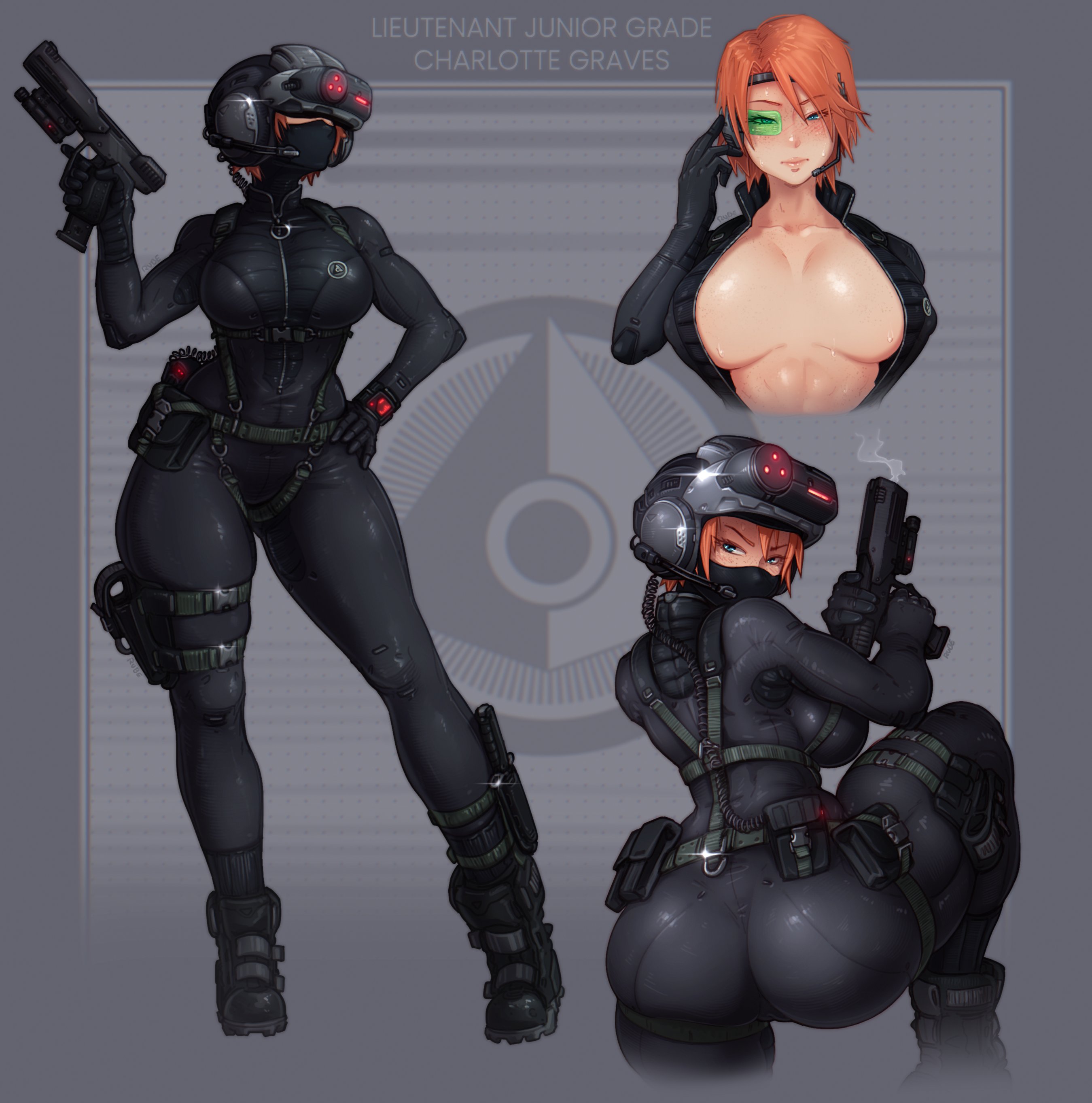 1girls, ass, blue eyes, bodysuit, breasts, charlotte graves, english text, female, female only, halo (game), halo (series), handgun, hi res, inner sideboob, justrube, looking at viewer, multiple views, office of naval intelligence, open bodysuit, orange hair, original, original character, rube, solo, tactical gear, text, thick ass, weapon