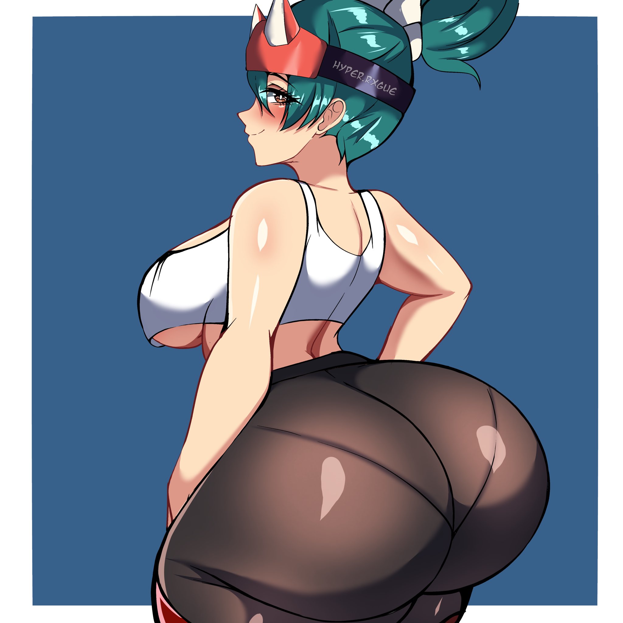 1girls, ass, ass focus, big ass, bottom heavy, breasts, bubble butt, clothing, crop top, fat ass, female, female only, gluteal fold, green hair, huge ass, hyperrxgue, kiriko (overwatch), large ass, looking at viewer, looking back, massive ass, overwatch, pants, pantylines, solo, thick ass, thick thighs, thunder thighs, underboob, wide hips, yoga pants
