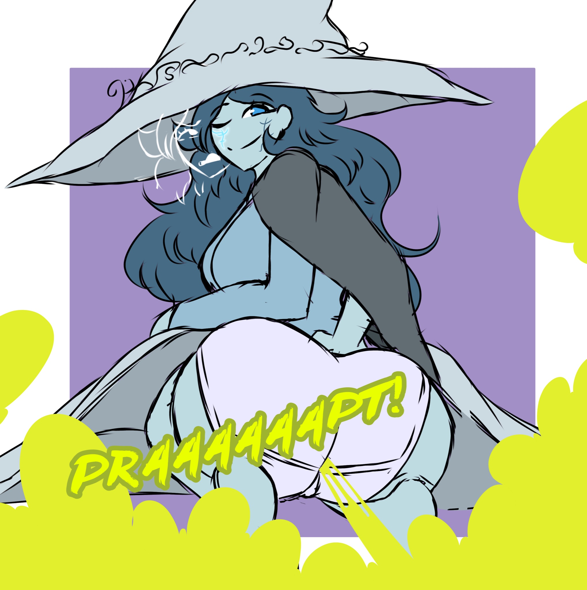 alternate version available, big ass, blue eyes, blue skin, elden ring, fart, fart cloud, fart fetish, farting, fat ass, mrtomato8224, one eye closed, panties, ranni the witch, spirit, thick thighs, witch hat