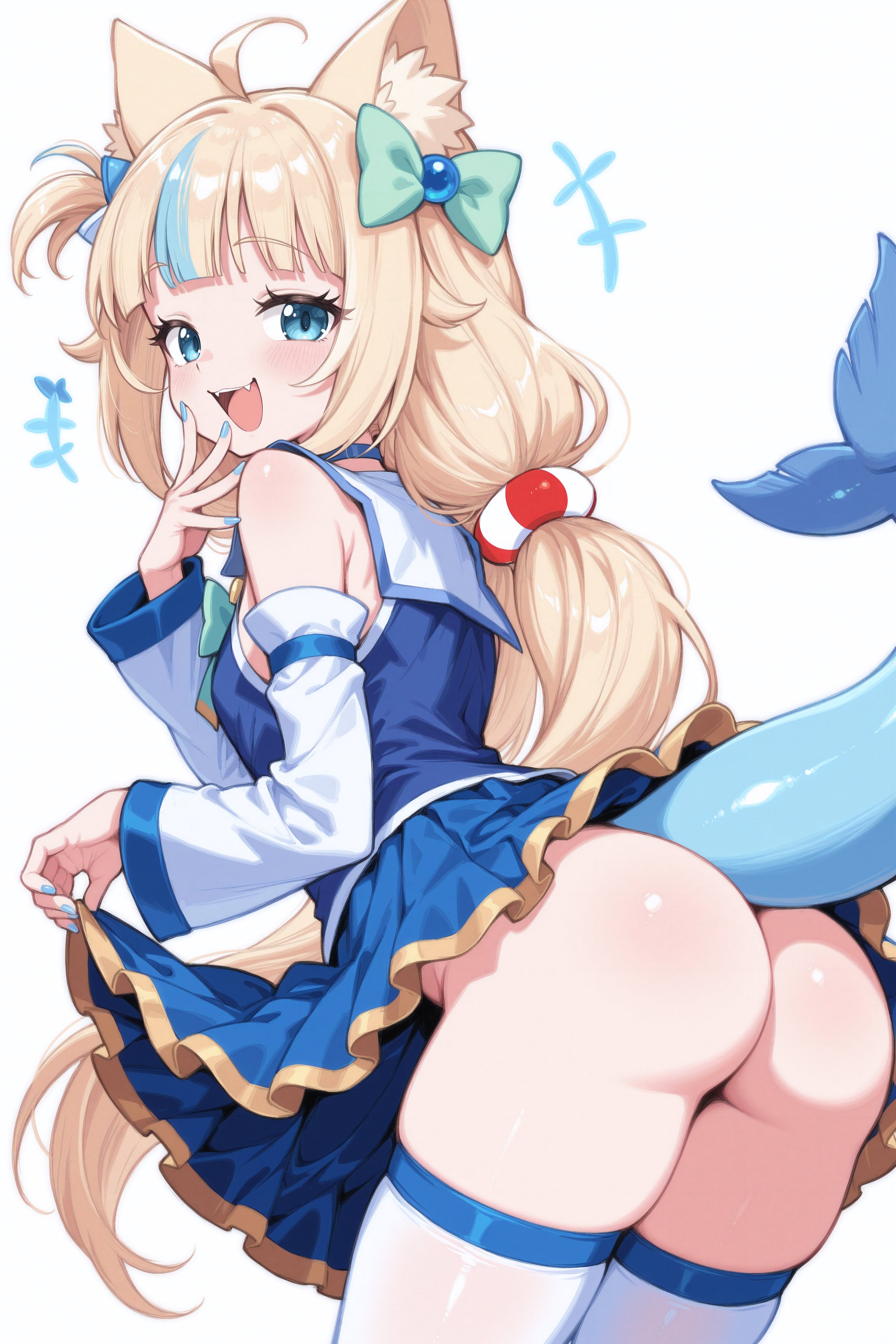 1girls, ai generated, aqua (konosuba), aqua (konosuba) (cosplay), ass, ass focus, blonde hair, blue nails, cat ears, cosplay, dress, female, fish tail, kono subarashii sekai ni shukufuku wo!, looking at viewer, looking back, nail polish, sameko saba, tagme, tagme (source), twintails, virtual youtuber