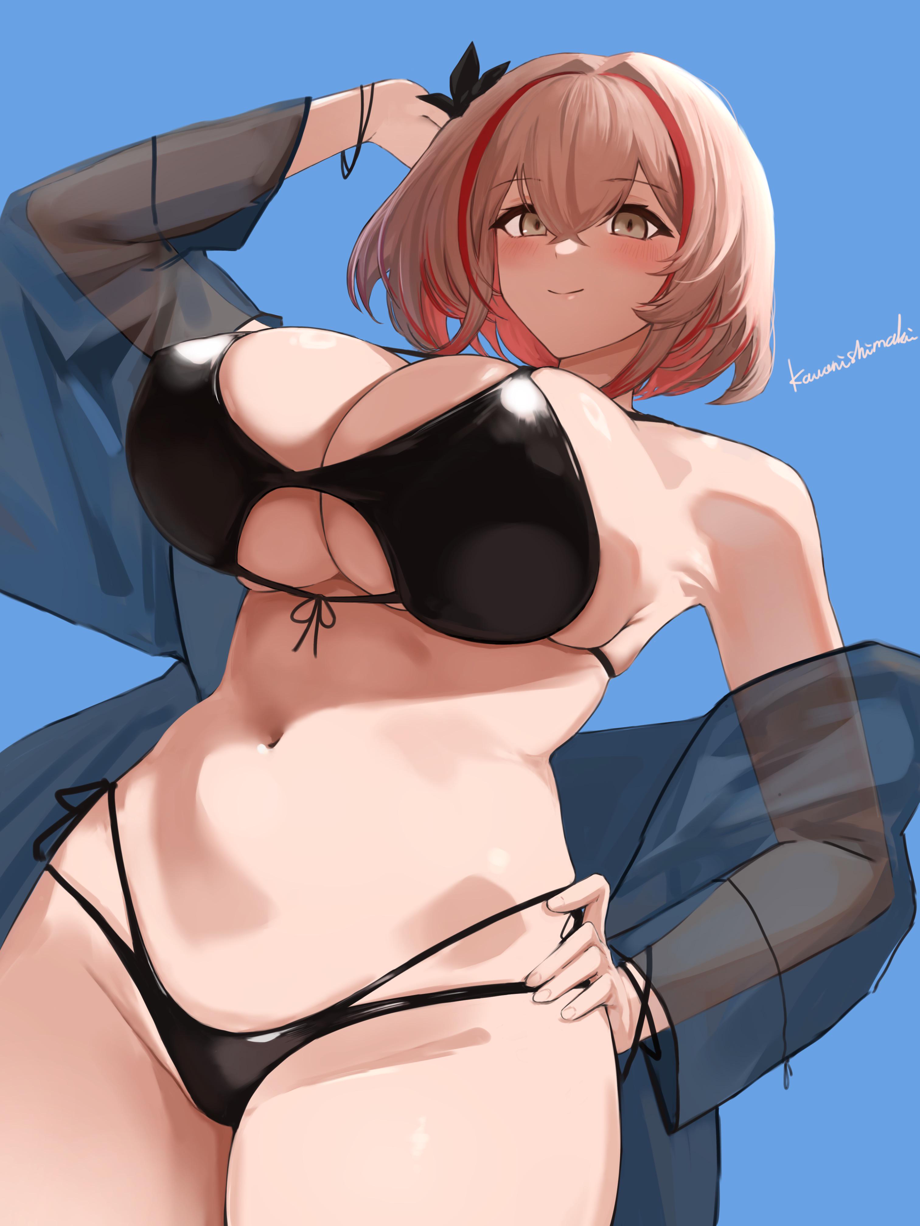 azur lane, bare shoulders, bikini, black bikini, blonde hair, blue background, blush, bracelet, breasts, brown eyes, cg, cleavage, closed mouth, cowboy shot, female, hair between eyes, hand on own hip, huge breasts, jacket, large breasts, light brown hair, looking at viewer, multicolored hair, navel, official alternate costume, red hair, roon (azur lane), see-through, short hair, side-tie bikini bottom, signature, simple background, smile, solo, stomach, streaked hair, swimsuit, swimsuit cover-up