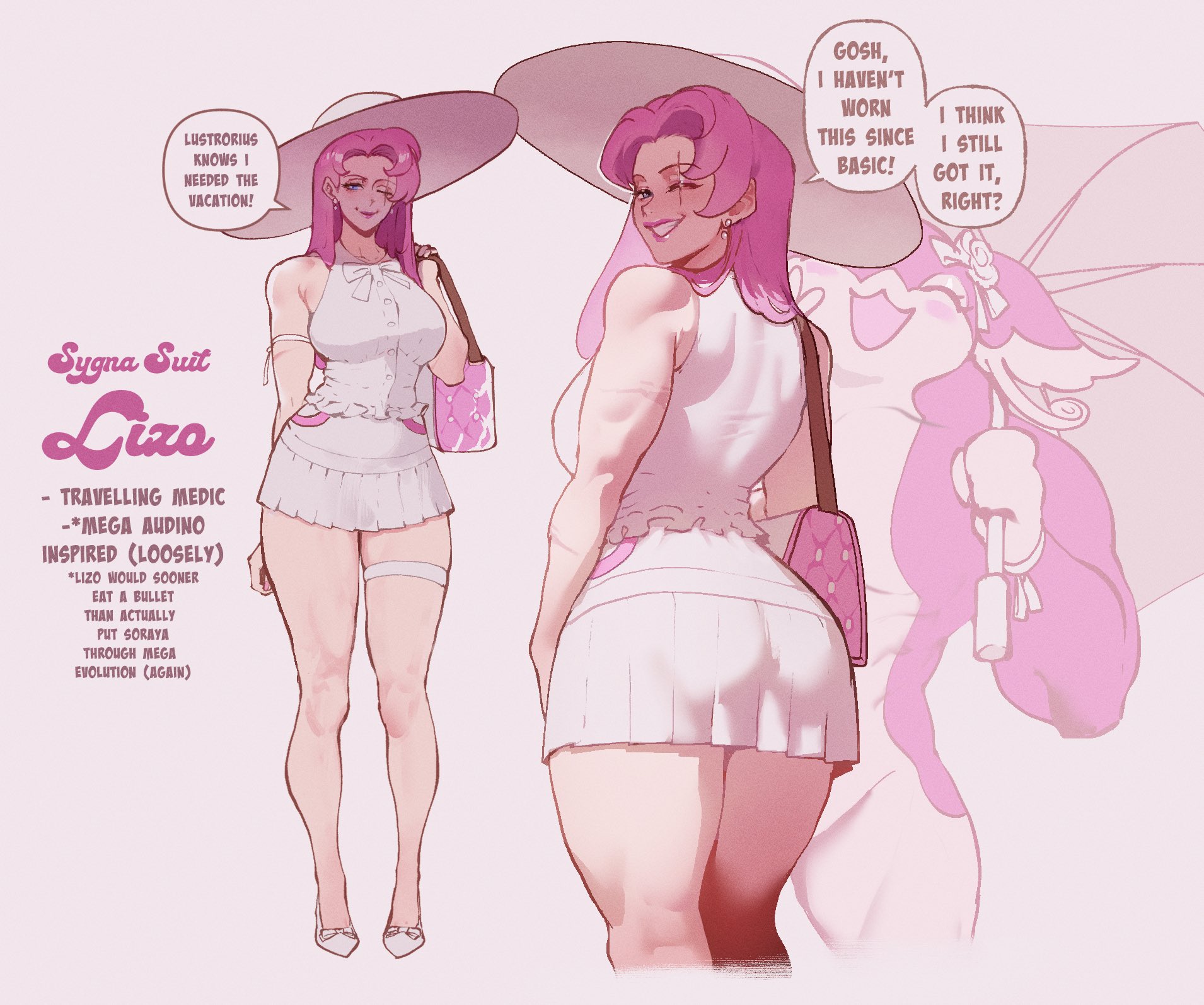 1girls, ass, audino, blue eyes, breasts, english text, female, fit, fit female, full body, generation 5 pokemon, grin, grinning at viewer, hat, highres, joi (pokemon), joy (pokemon), large hat, lizo (thiccwithaq), long hair, looking at viewer, mature female, multiple views, muscular, nintendo, nurse joy, open mouth, original, pink hair, pokemon, pokemon (creature), scar, scar across eye, scar on face, skirt, smile, smiling, smiling at viewer, speech bubble, tabunne, talking to viewer, thiccwithaq, thigh strap, toned, toned female