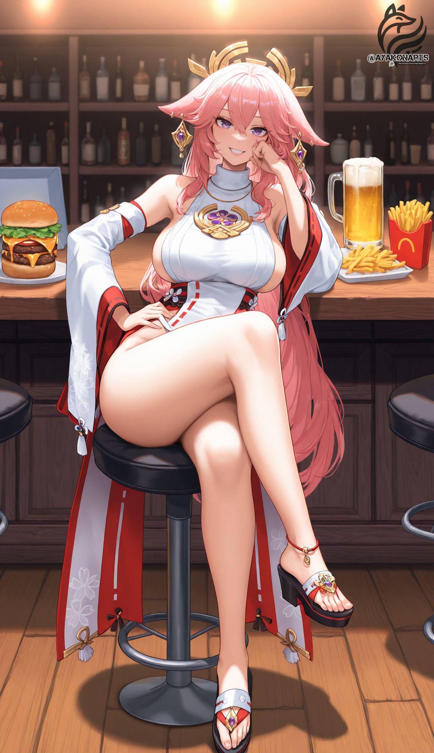 ai assisted, ai generated, ayakonarts, bar, beer, burger, date, female, fox ears, genshin impact, miko, pink hair, purple eyes, yae miko