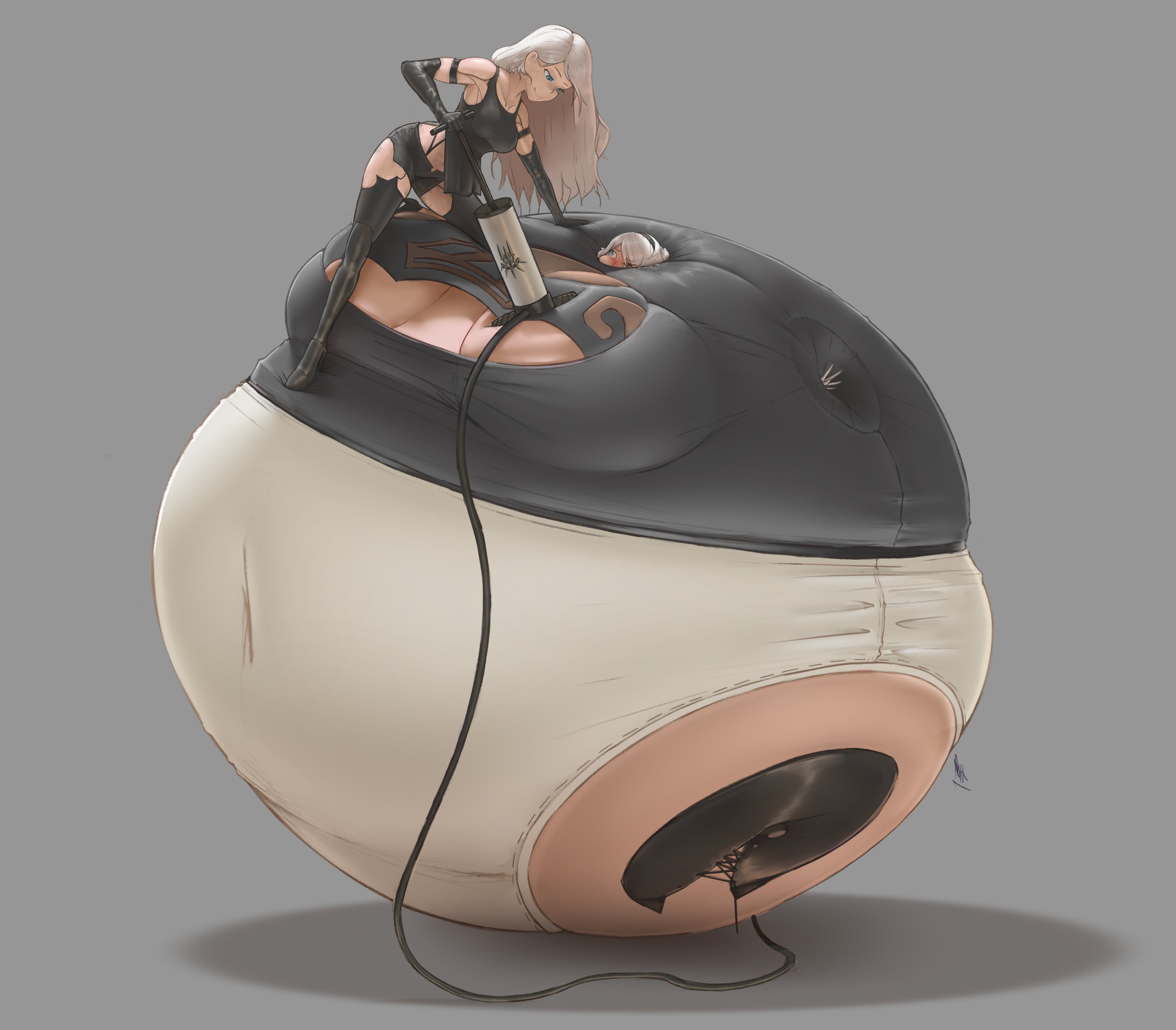 2girls, air inflation, belly expansion, belly inflation, big belly, bike pump, blush, digital art, female, inflation, inflation fetish, nier: automata, no background, raikovjaba, robot, robot girl, spherical inflation, sunken head, sunken limbs, white hair, yorha 2b, yorha a2