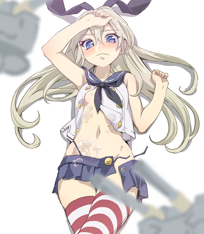 blonde_hair blue_eyes blue_skirt blush cum cum_on_body cum_on_upper_body female hairband kantai_collection long_hair lying no_gloves on_back open_clothes rensouhou-chan shimakaze_(kantai_collection) skirt striped striped_legwear yahako