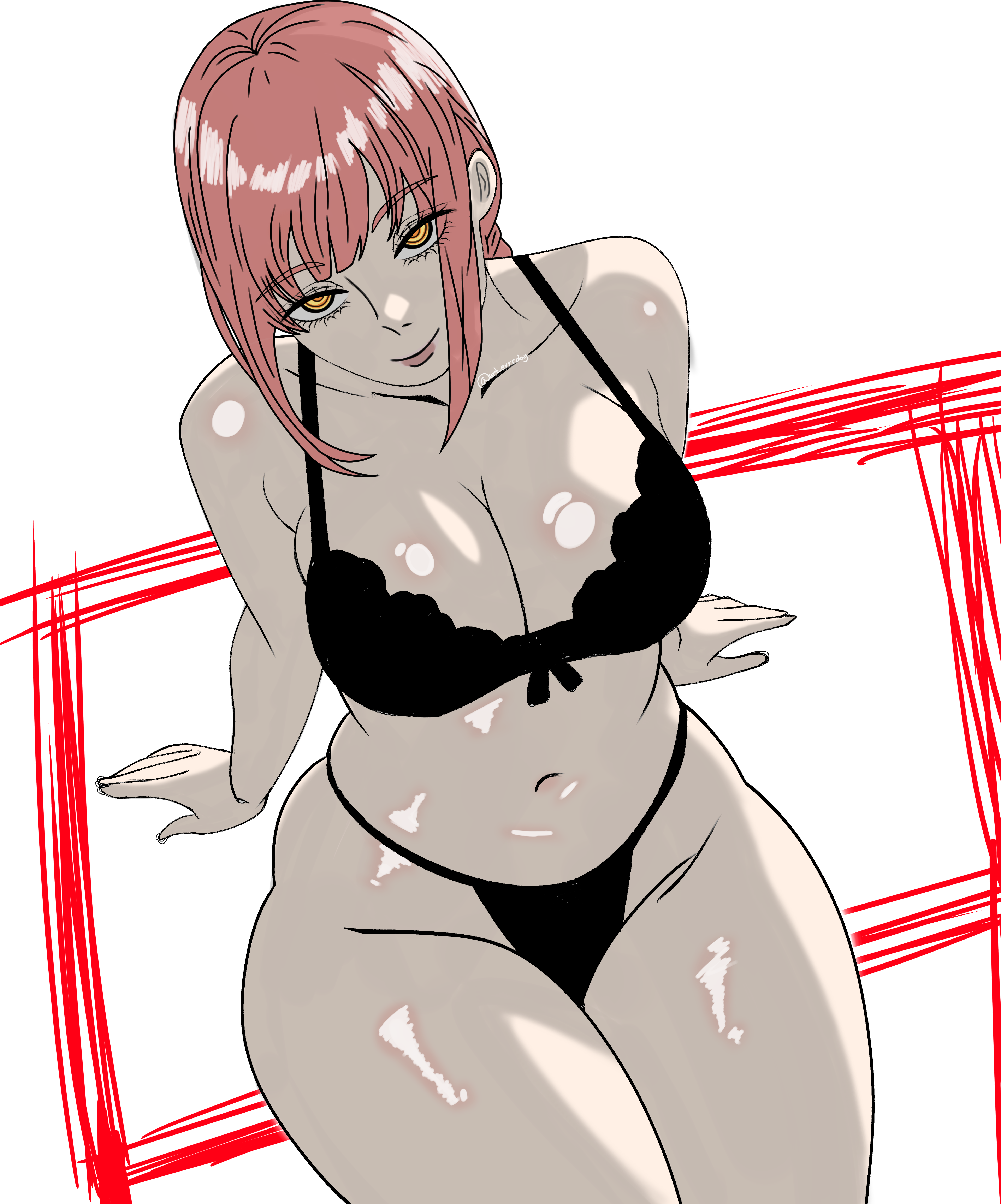 2d, 2d (artwork), belly, belly button, big breasts, breasts, chainsaw man, child bearing hips, colored, eyelashes, female, large ass, large breasts, lips, makima (chainsaw man), midriff, red hair, ringed eyes, seductive, seductive look, seductive smile, sex, shaded, shiny hair, shiny skin, sitting, stomach, thick ass, thick thighs, thighs, wide hips, yellow eyes
