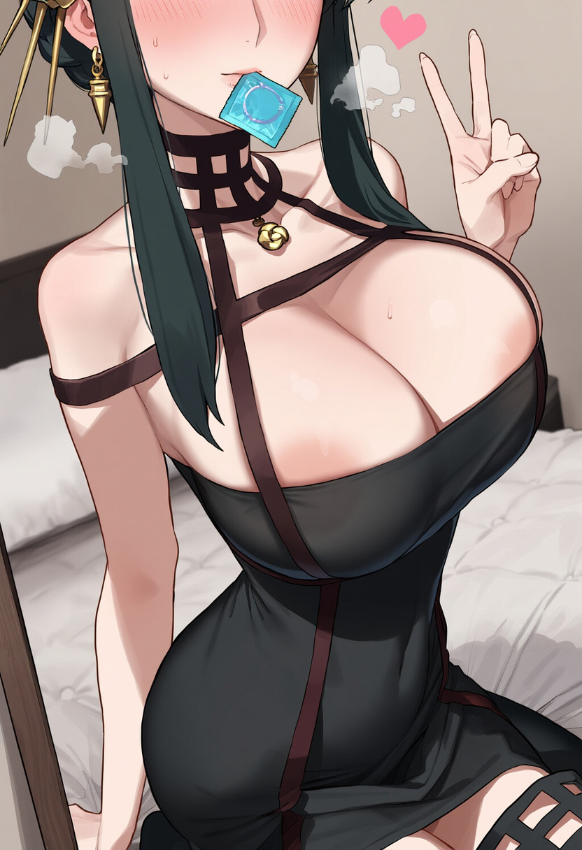 1girls, ai generated, alternate breast size, bangs, bare shoulders, big breasts, black dress, black hair, blush, breasts, breath, choker, cleavage, collarbone, condom, condom in mouth, covered navel, dress, earrings, female, female only, heart, huge breasts, jewelry, large breasts, long hair, moro0419, mouth hold, o-ring, short dress, sitting, solo, spy x family, sweat, tagme, thigh strap, v, yor briar, yor forger