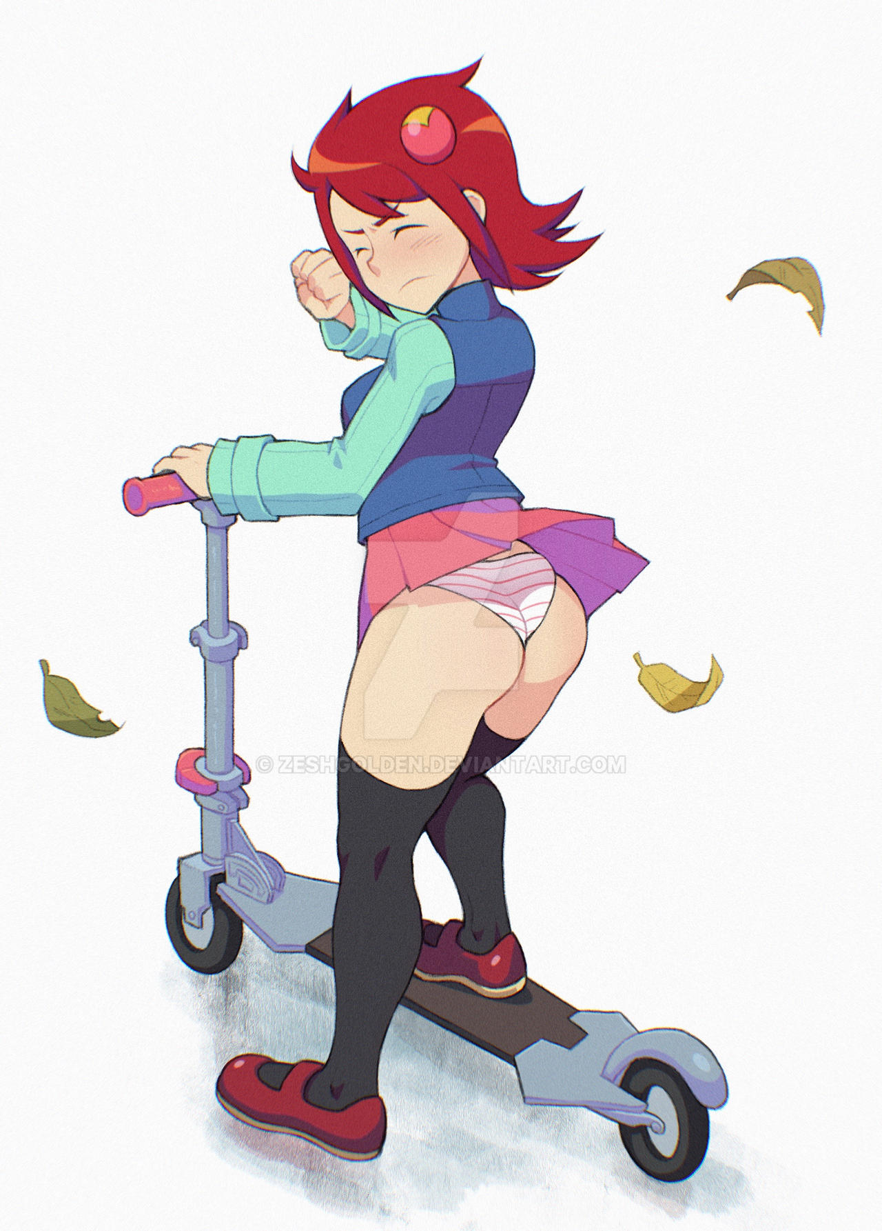 1girls, aged up, ass, big ass, breasts, clothed, clothing, curvy, curvy female, exposed ass, female, female only, flats, hips, mary janes, mayl sakurai, mega man, mega man battle network, miniskirt, panties, red hair, scooter, shoes, short skirt, showing panties, skirt, skirt lift, small breasts, thick thighs, wardrobe malfunction, wind, wind lift, zeshgolden