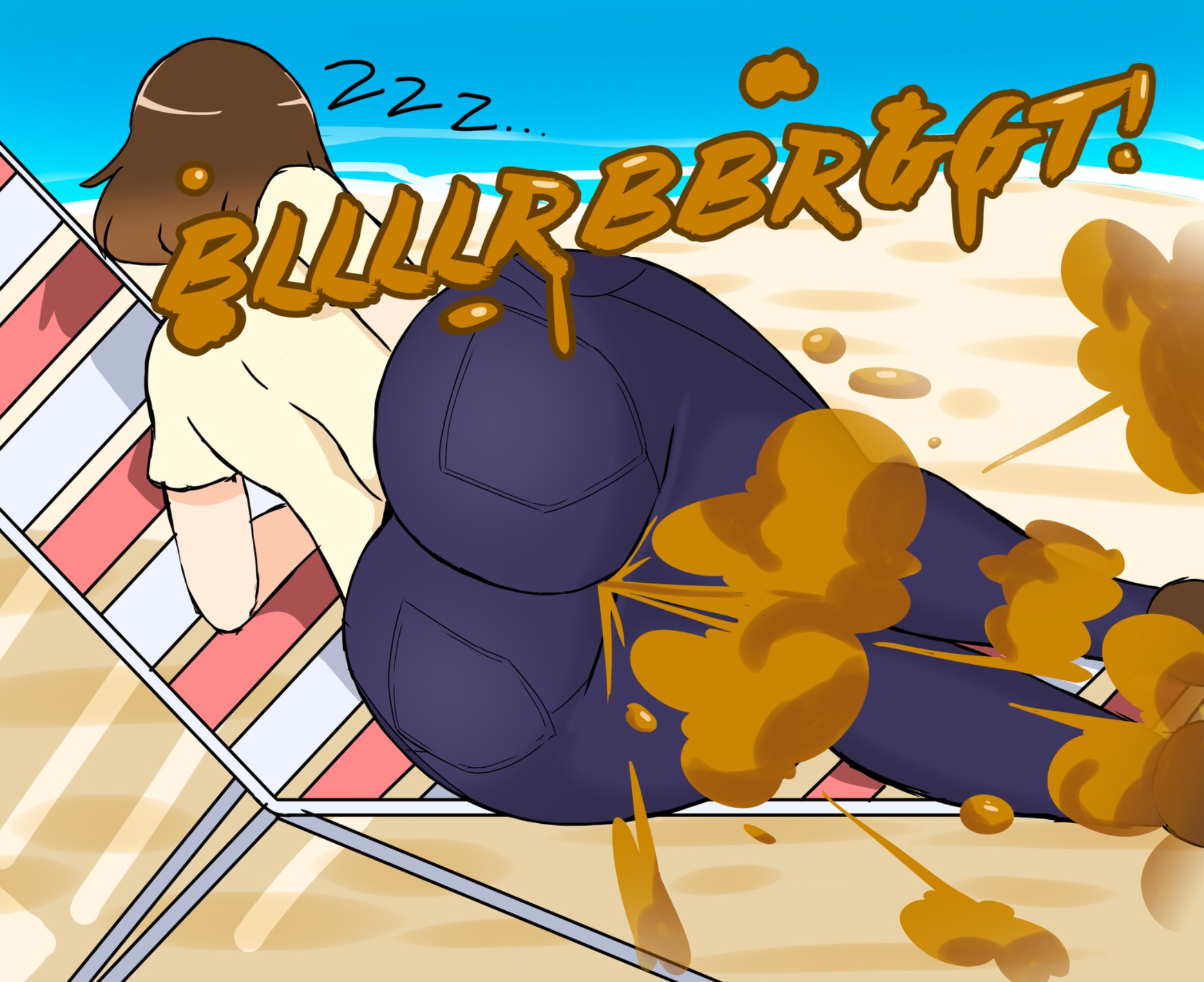 ass focus, beach, beach background, beach chair, big ass, brap, butt, canonical scene, fart, fart fetish, farting, fat ass, funny, jeans, mii, mrtomato8224, sleep farting, sleeping, thick ass, tomodachi life, tomodachi life: living the dream, wet fart