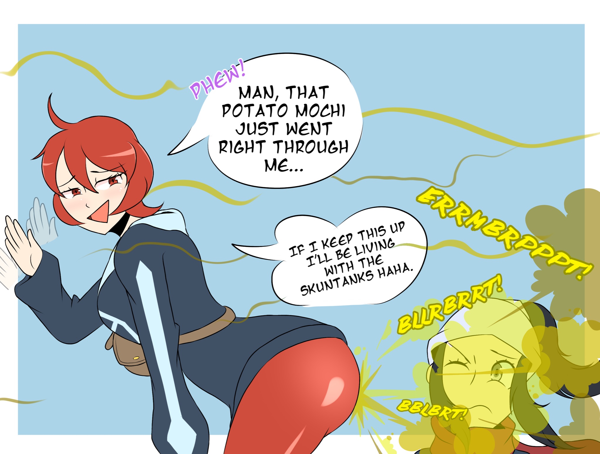 akari (pokemon), arezu (pokemon), black hair, fanning, fart, fart cloud, fart fetish, farting, farting in face, female, grey eyes, mrtomato8224, pokemon, pokemon legends: arceus, red eyes, red hair