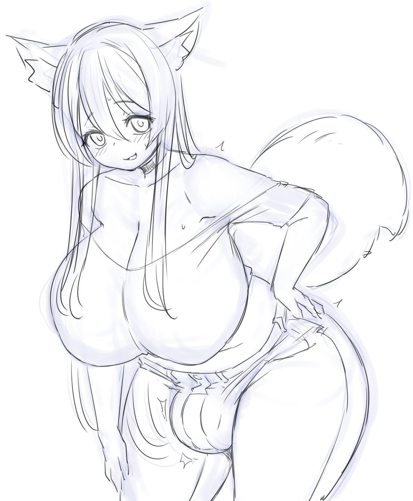 1futa, 1girls, 2025, aroused, big breasts, big penis, black and white, blush, breasts, bulge, bulge through clothing, clothed, clothing, erection, female, fox, fox ears, fox girl, fox tail, fully clothed, futa only, futanari, futanario, futon (artist), hand on hip, huge breasts, huge cock, intersex, jeans, looking at viewer, loose shirt, midriff, penis, shoulders, slim, solo, solo female, solo futa, throbbing, throbbing bulge
